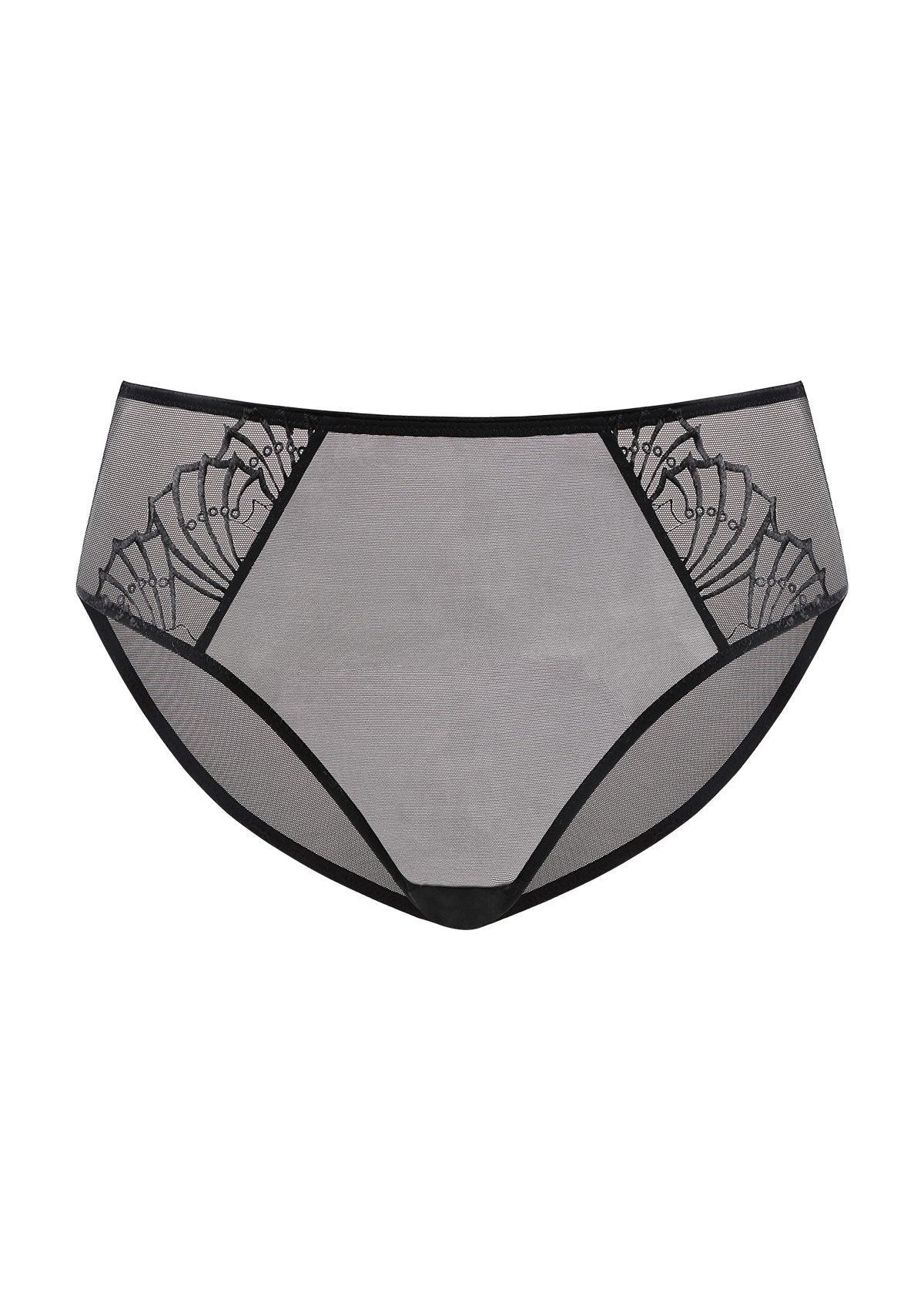 White background product shot of the black HSIA Pearl Shimmer full coverage panty, highlighting the zero-rolling high waistband and the extended 100% cotton gusset.