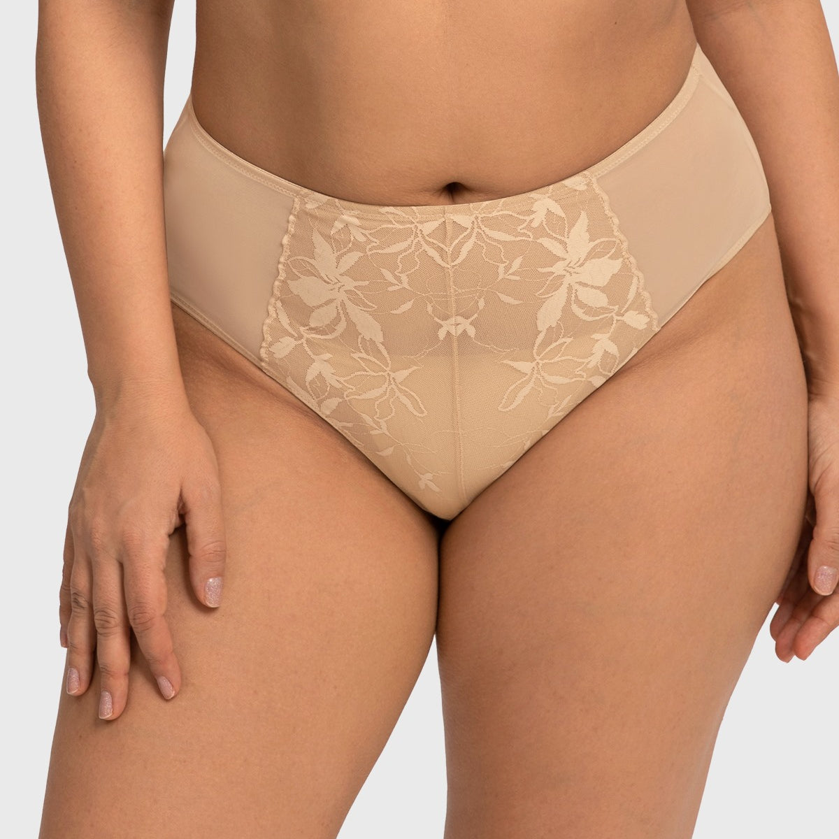 Front view of the light beige elegant lace high waist panty, an everyday neutral staple crafted with delicate feminine lace.