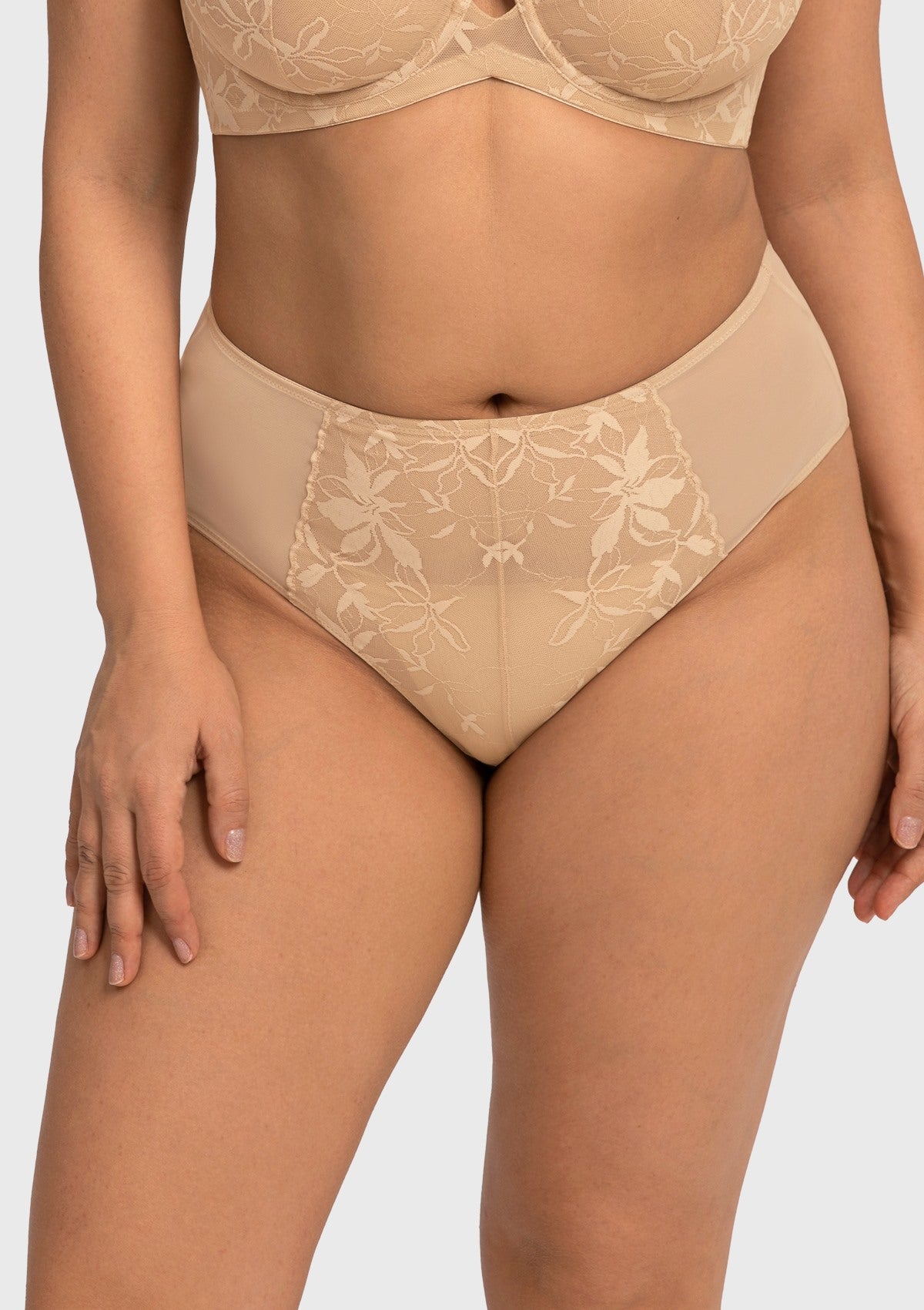 Front view of the light beige elegant lace high waist panty, an everyday neutral staple crafted with delicate feminine lace.