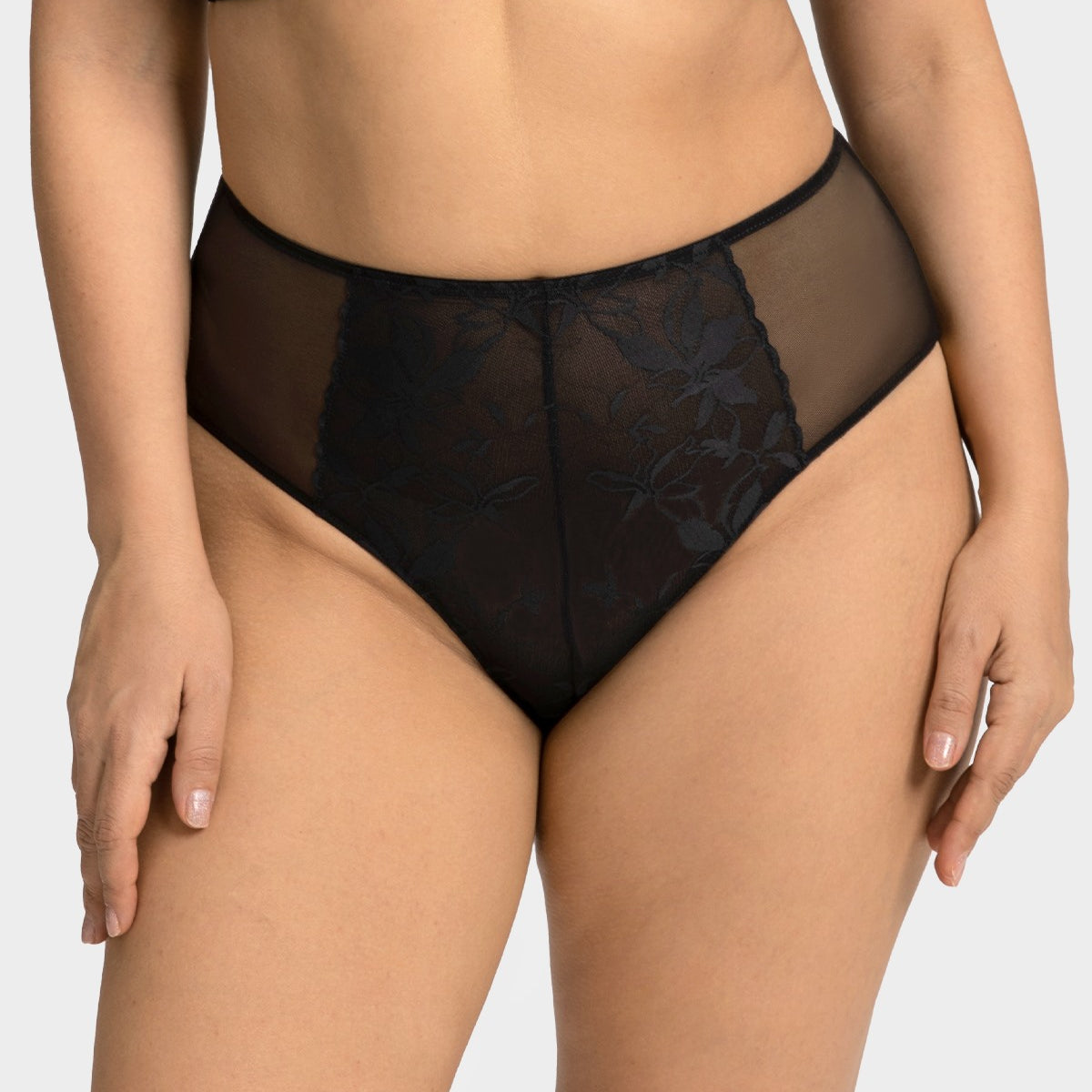 Front view of the black HSIA Petalia lace high waist panty on model, featuring an elegant blend of romantic lace and high-stretch mesh.