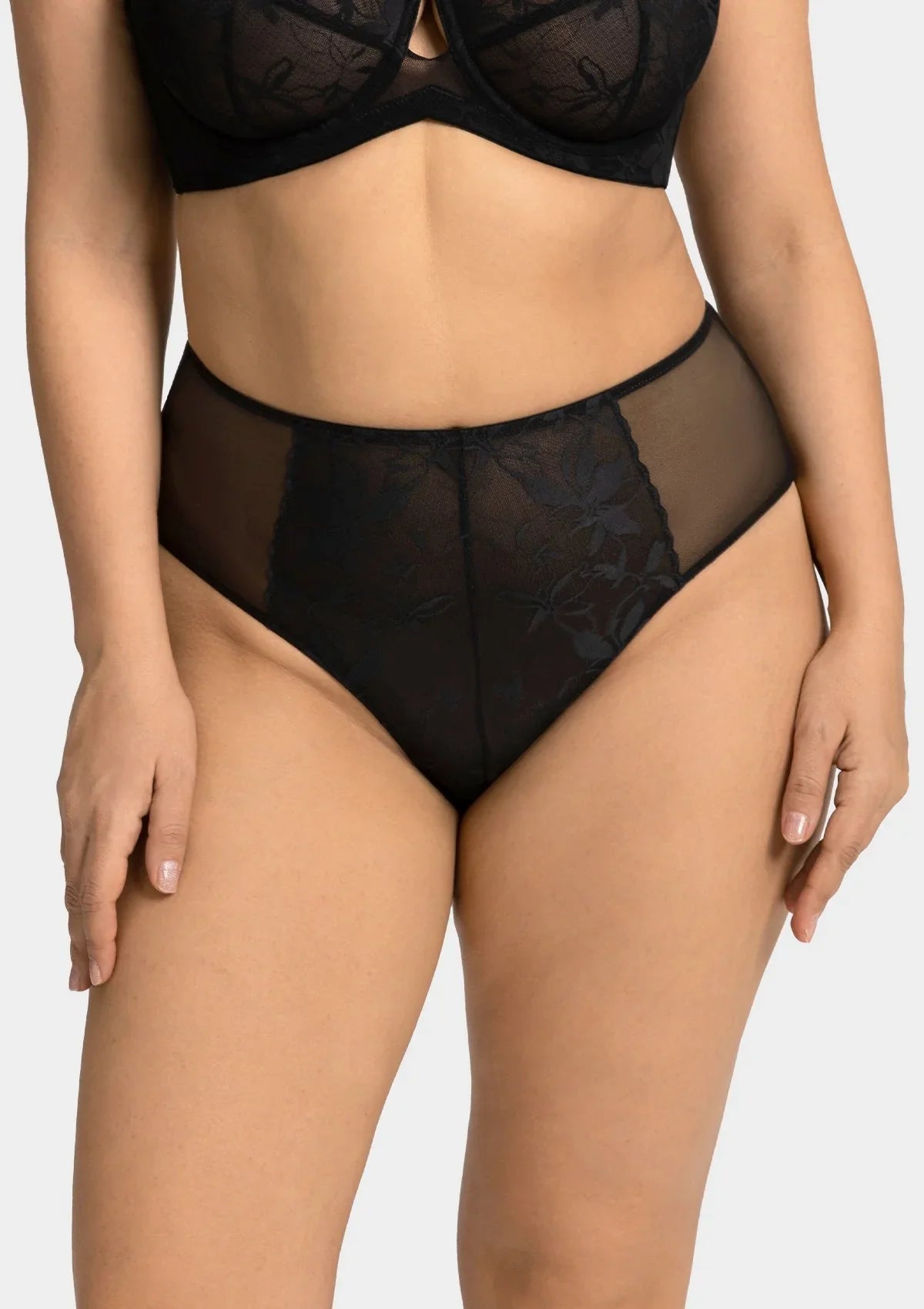 Front view of the black HSIA Petalia lace high waist panty on model, featuring an elegant blend of romantic lace and high-stretch mesh.