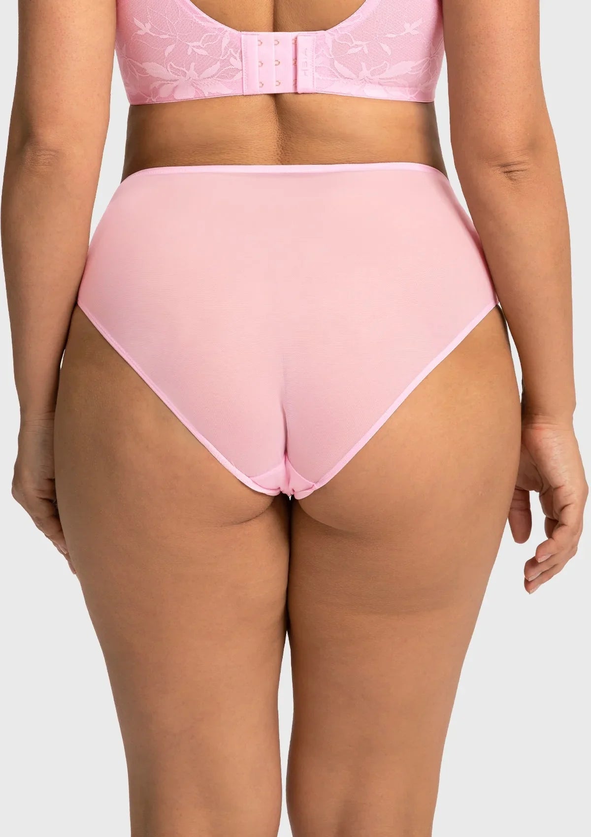 Back view of the soft pink full coverage panty, offering all-day comfort, perfect separation, and undeniable confidence.