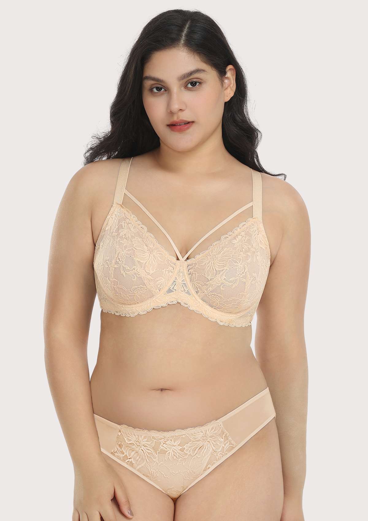 Pretty In Petals Beige Cream Unlined Strappy Lace Bra Set - HSIA