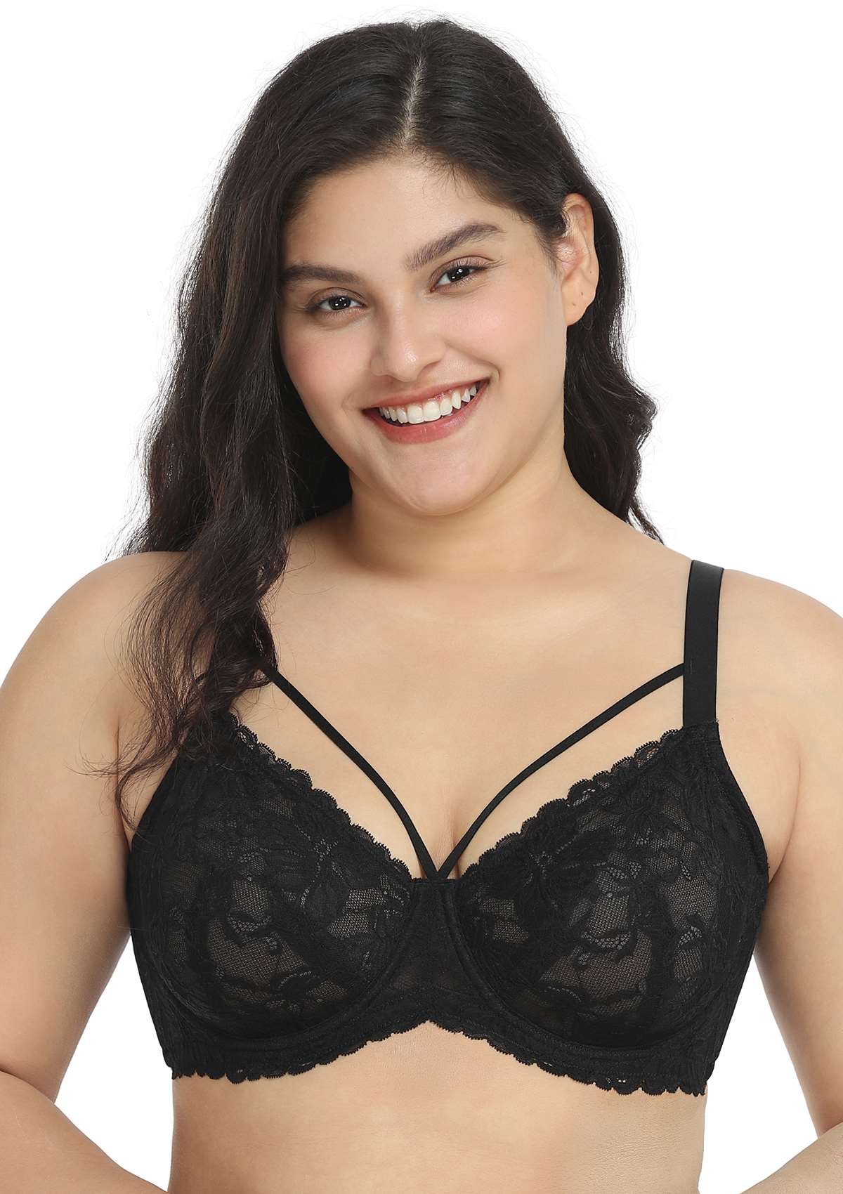 Pretty In Petals Black-Unlined Strappy Lace Bra - HSIA