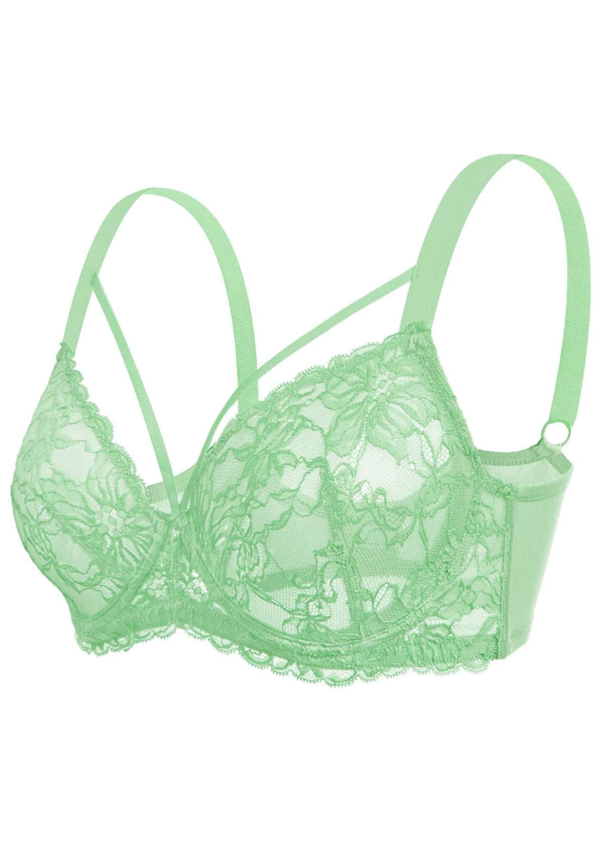 Pretty In Petals Bright Green Unlined Strappy Lace Bra - HSIA