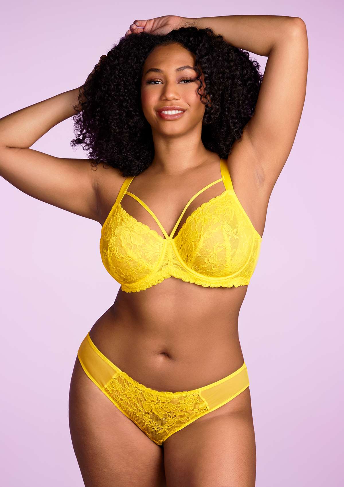 Pretty In Petals Bright Yellow Unlined Strappy Lace Bra Set - HSIA
