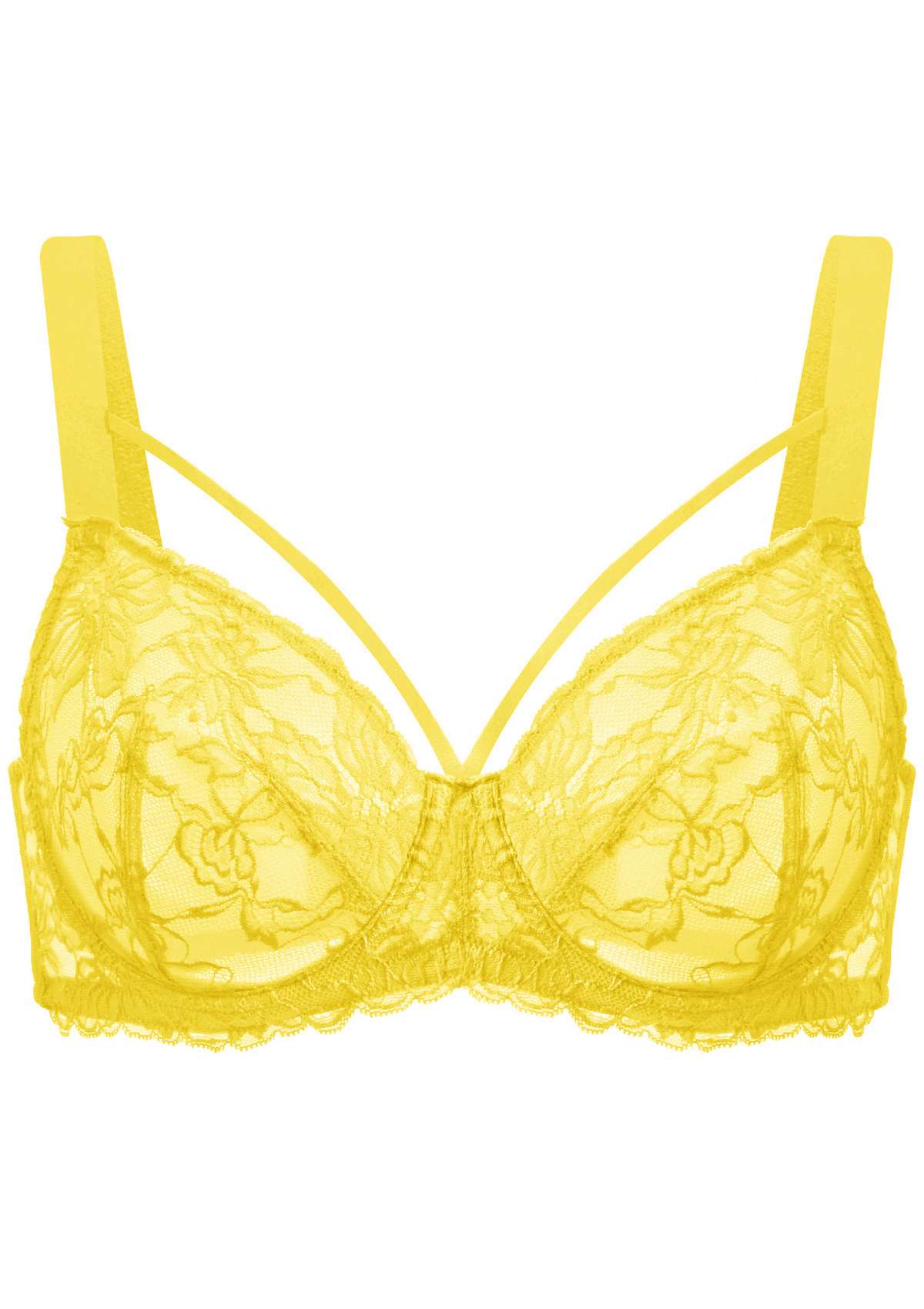 Pretty In Petals Bright Yellow Unlined Strappy Lace Bra Set - HSIA