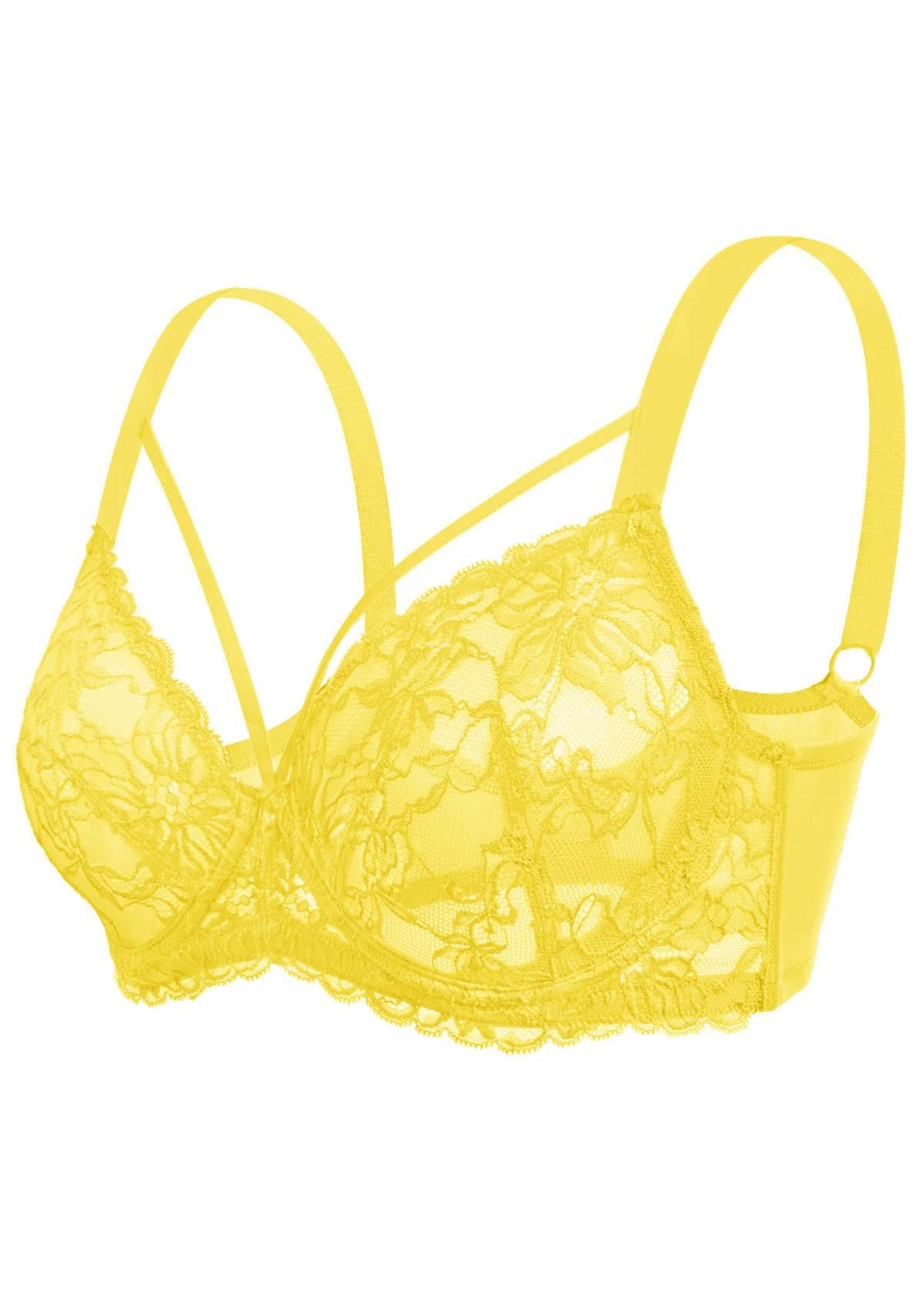 Pretty In Petals Bright Yellow Unlined Strappy Lace Bra Set - HSIA