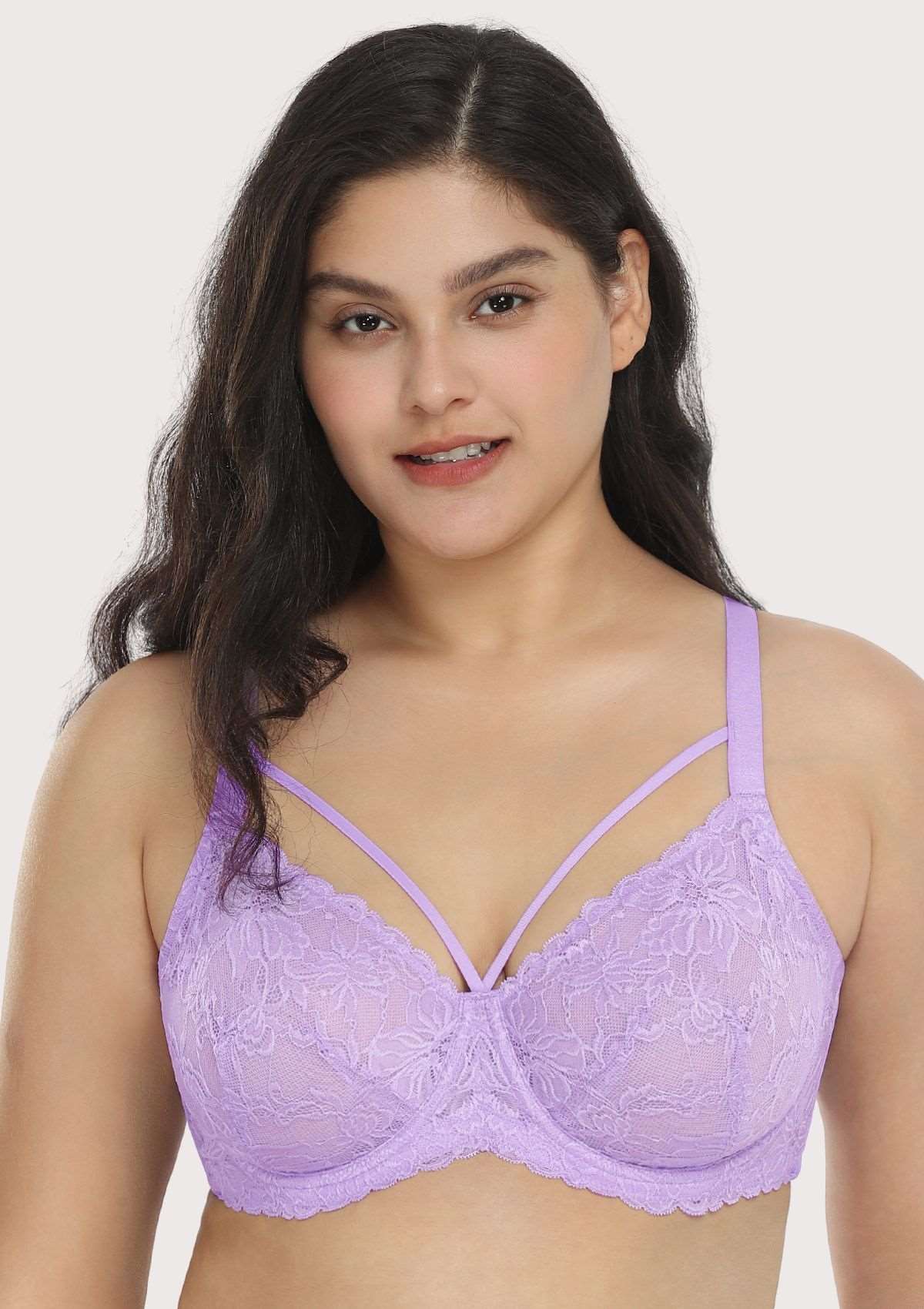 Pretty In Petals Purple Unlined Strappy Lace Underwire Bra - HSIA