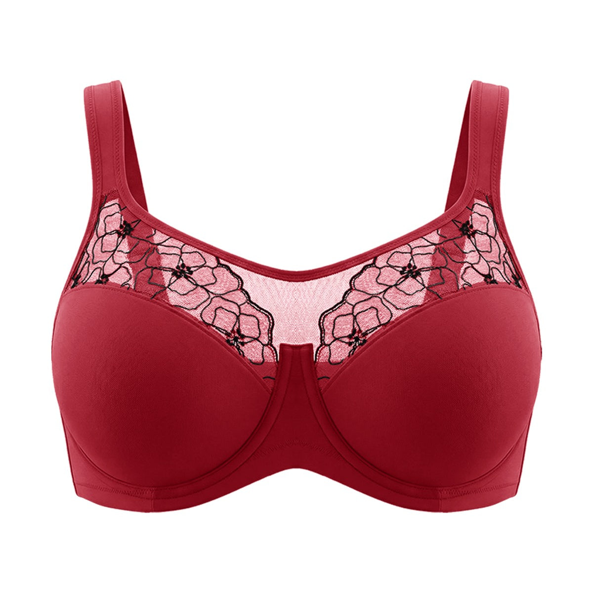 High-resolution 3D shot of the HSIA red lace full coverage bra, showcasing the exquisite floral embroidery and durable underwire structure.