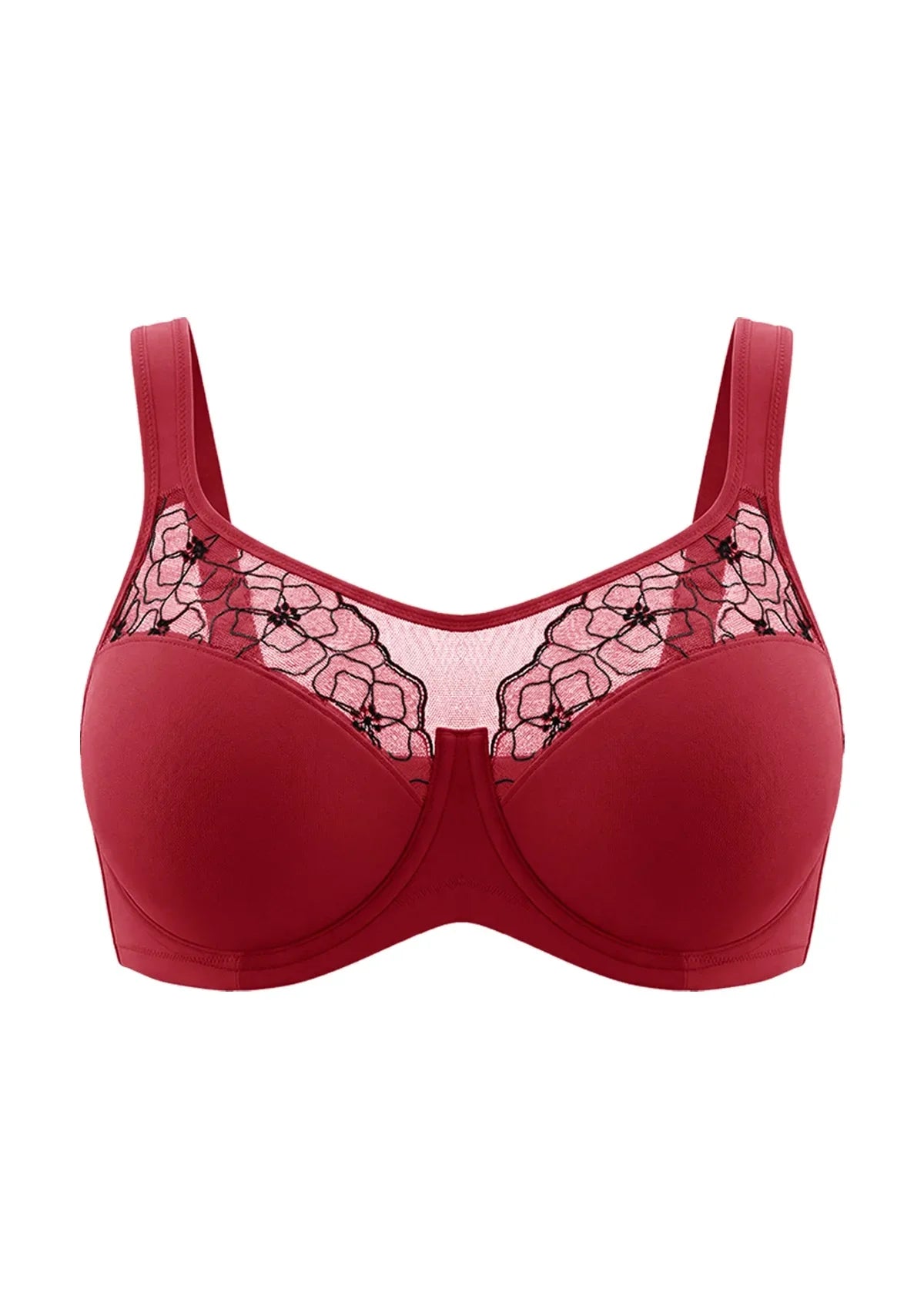 High-resolution 3D shot of the HSIA red lace full coverage bra, showcasing the exquisite floral embroidery and durable underwire structure.