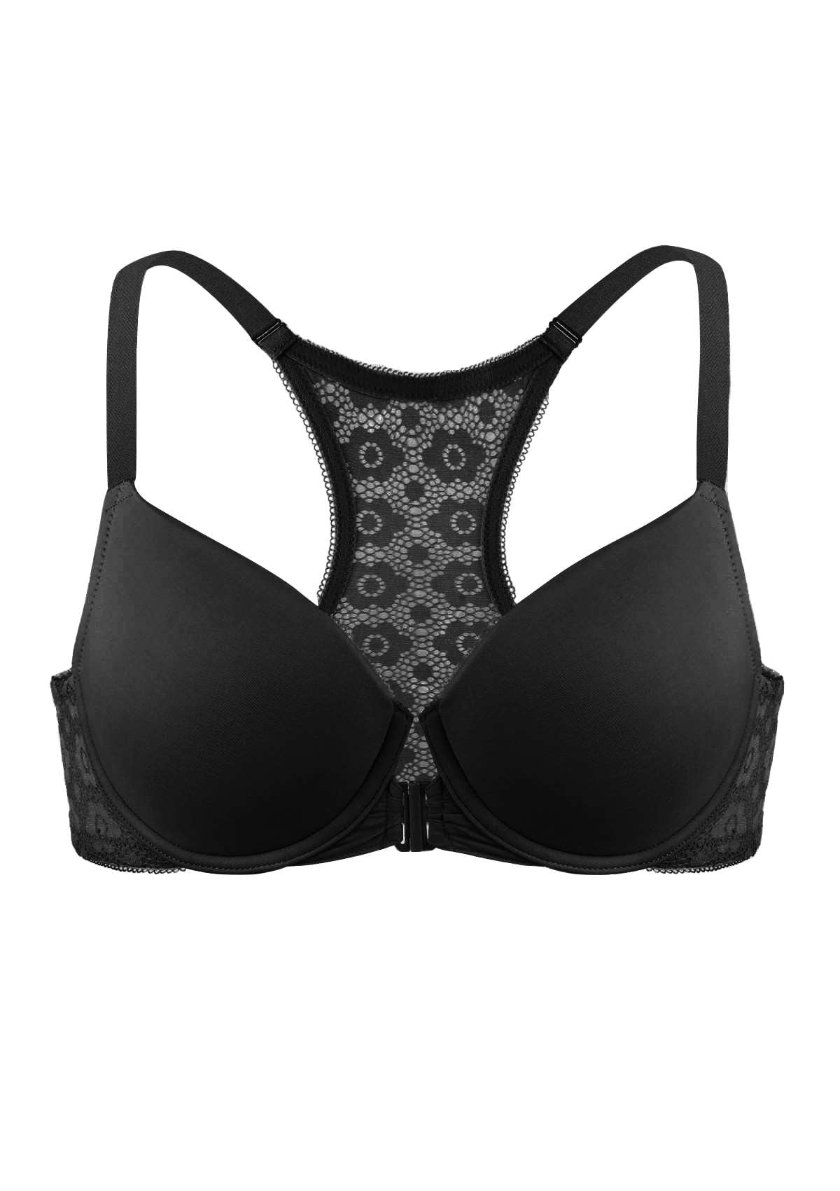 Serena Front-Close Lace-Back Black Underwire Bra Set - HSIA