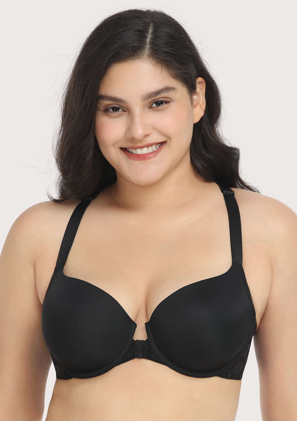 Serena Front-Close Lace-Back Black Underwire Bra Set - HSIA