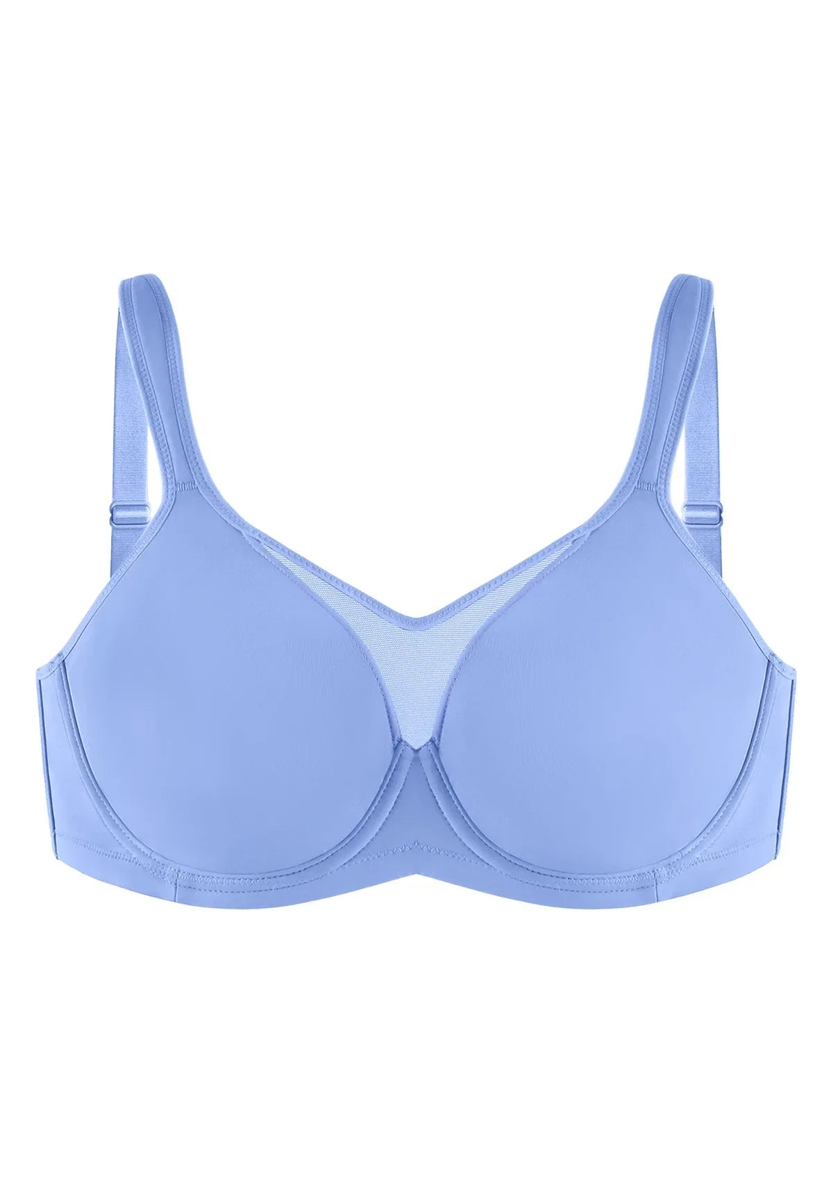 3D studio shot of the HSIA sky blue FlexGuard underwire bra, showcasing the precision engineering and elegant center mesh panel.