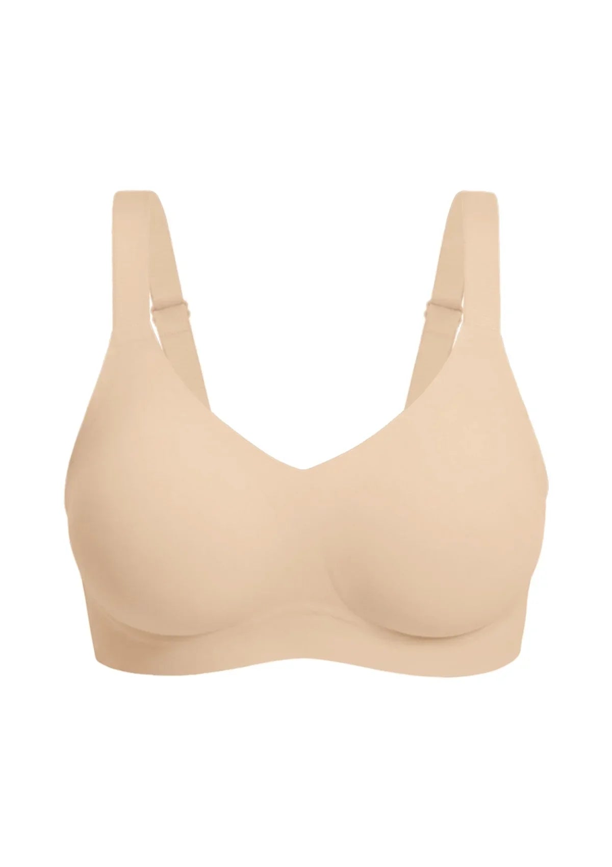 Front studio view of the Light Beige SoftTouch wireless bra, featuring the seamless construction and breathable materials that keep you cool and dry.