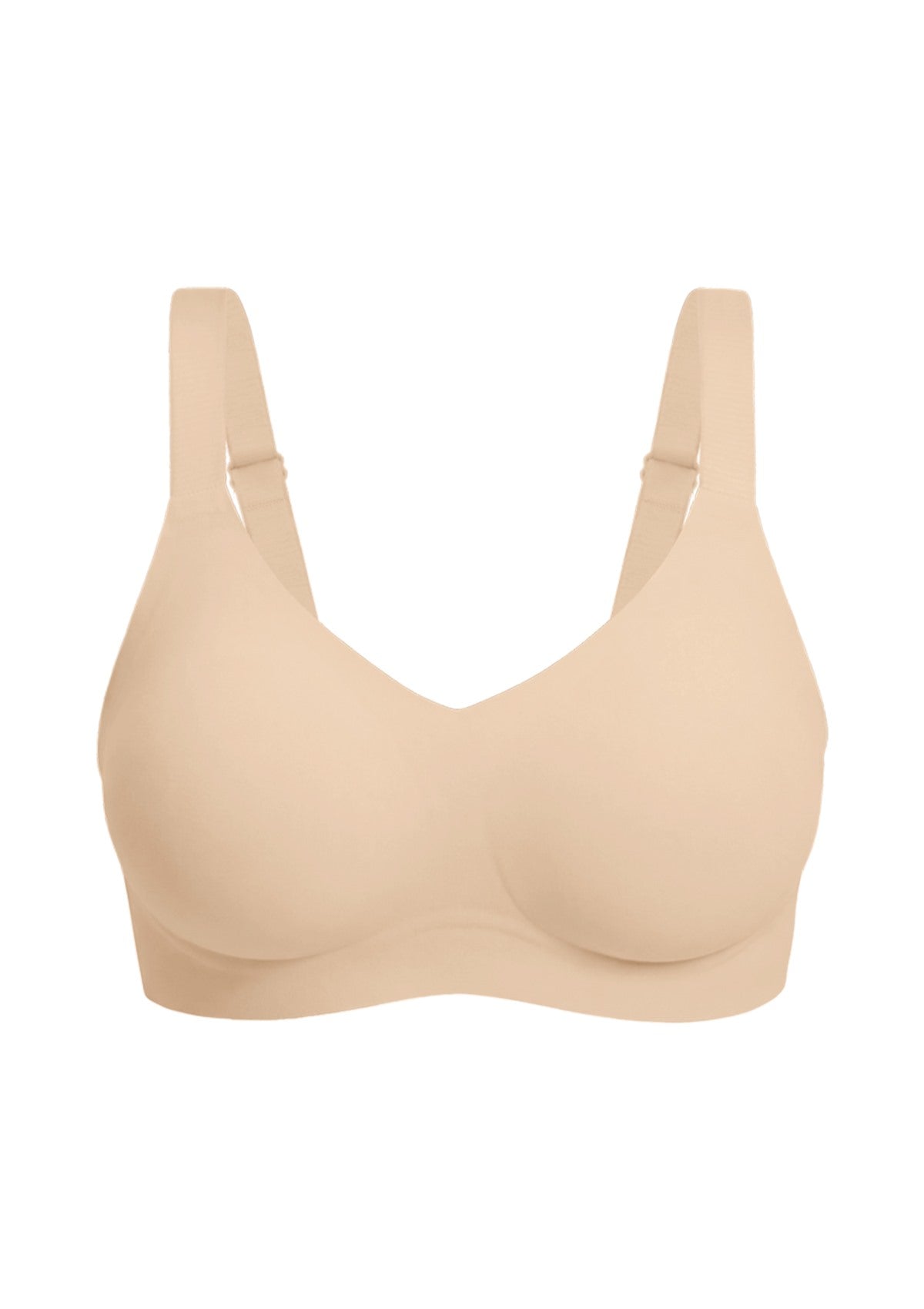 Front studio view of the Light Beige SoftTouch wireless bra, featuring the seamless construction and breathable materials that keep you cool and dry.