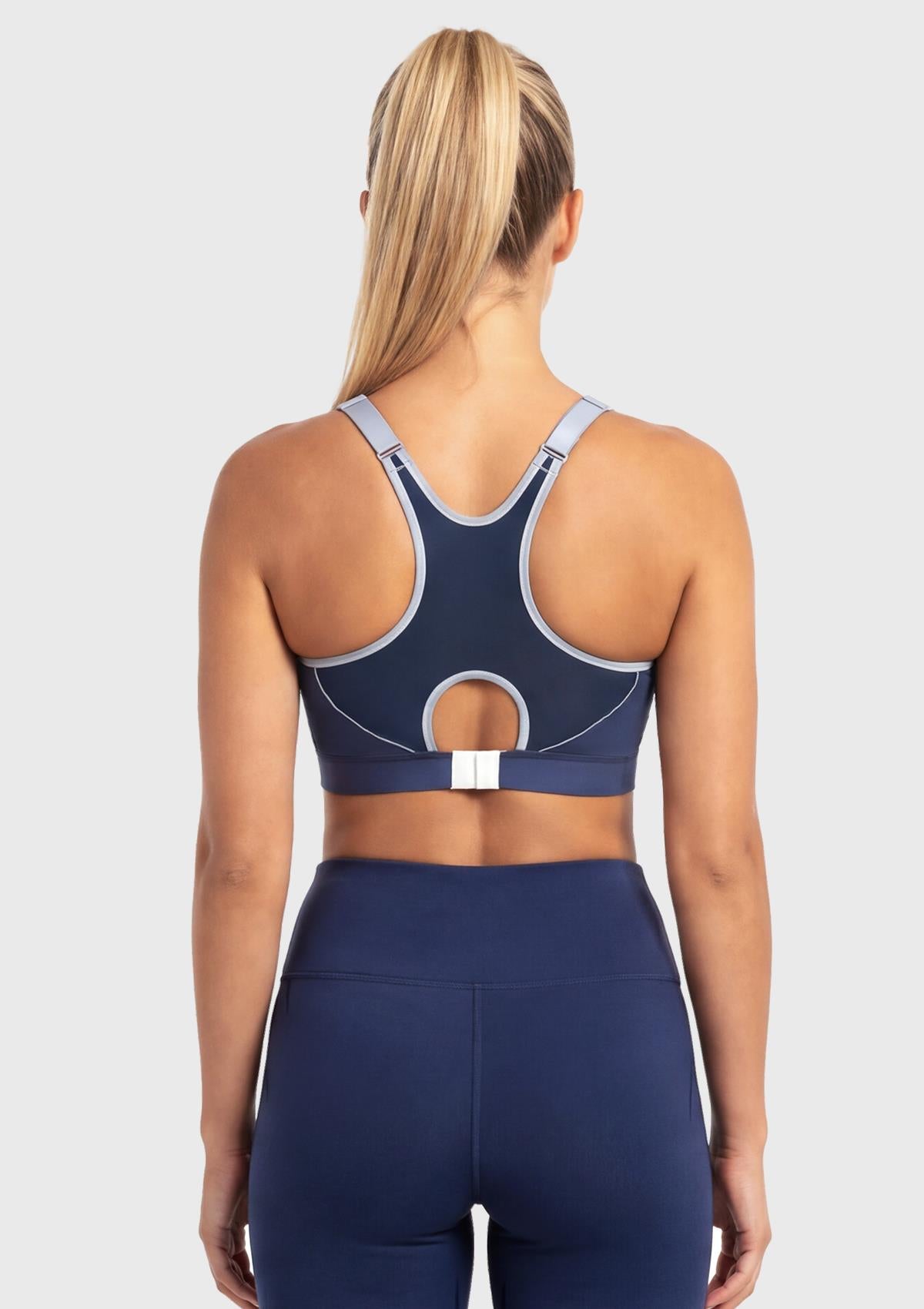 Rear view of the Dark Blue front closure sports bra, demonstrating the breathable mesh racerback panel and adjustable back-hook for a custom fit.