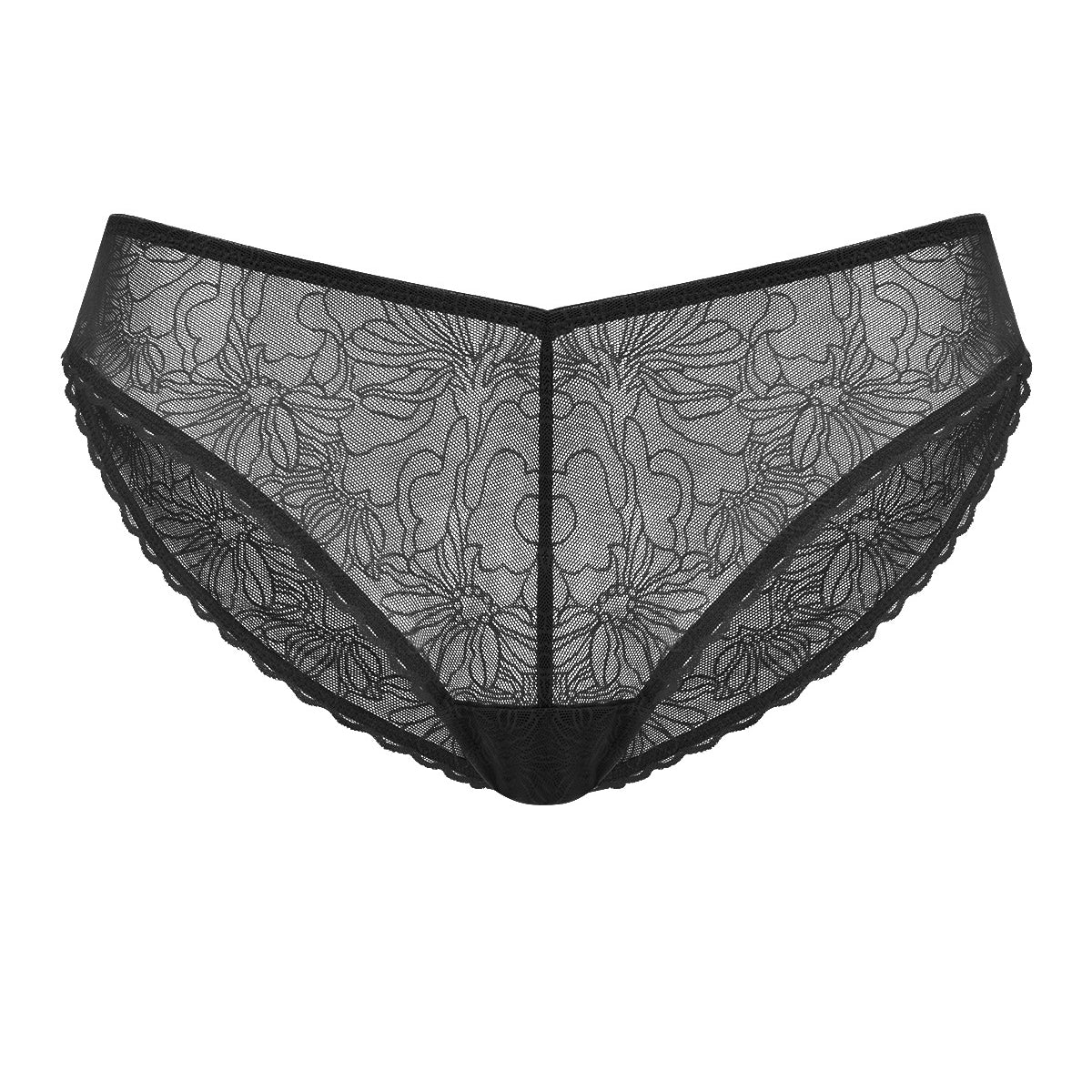 Studio shot of the black HSIA Stella sheer lace bikini panty on a white background, highlighting the smooth, no-dig edges and soft breathable gusset.