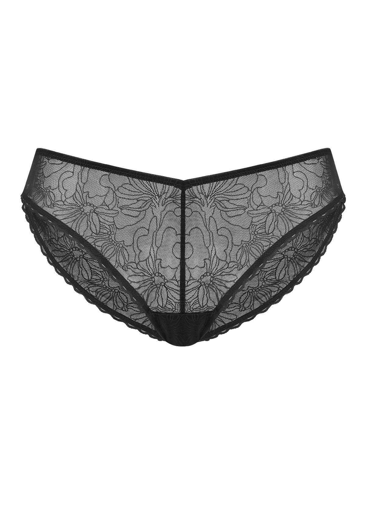 Studio shot of the black HSIA Stella sheer lace bikini panty on a white background, highlighting the smooth, no-dig edges and soft breathable gusset.
