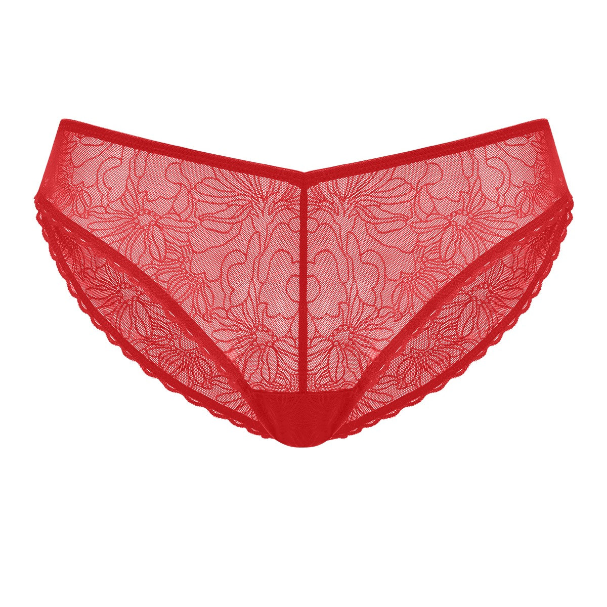 Flat lay of the Coral Red HSIA Stella sheer lace bikini panty on a white background, featuring exquisite floral details designed for a beautifully coordinated lingerie set.