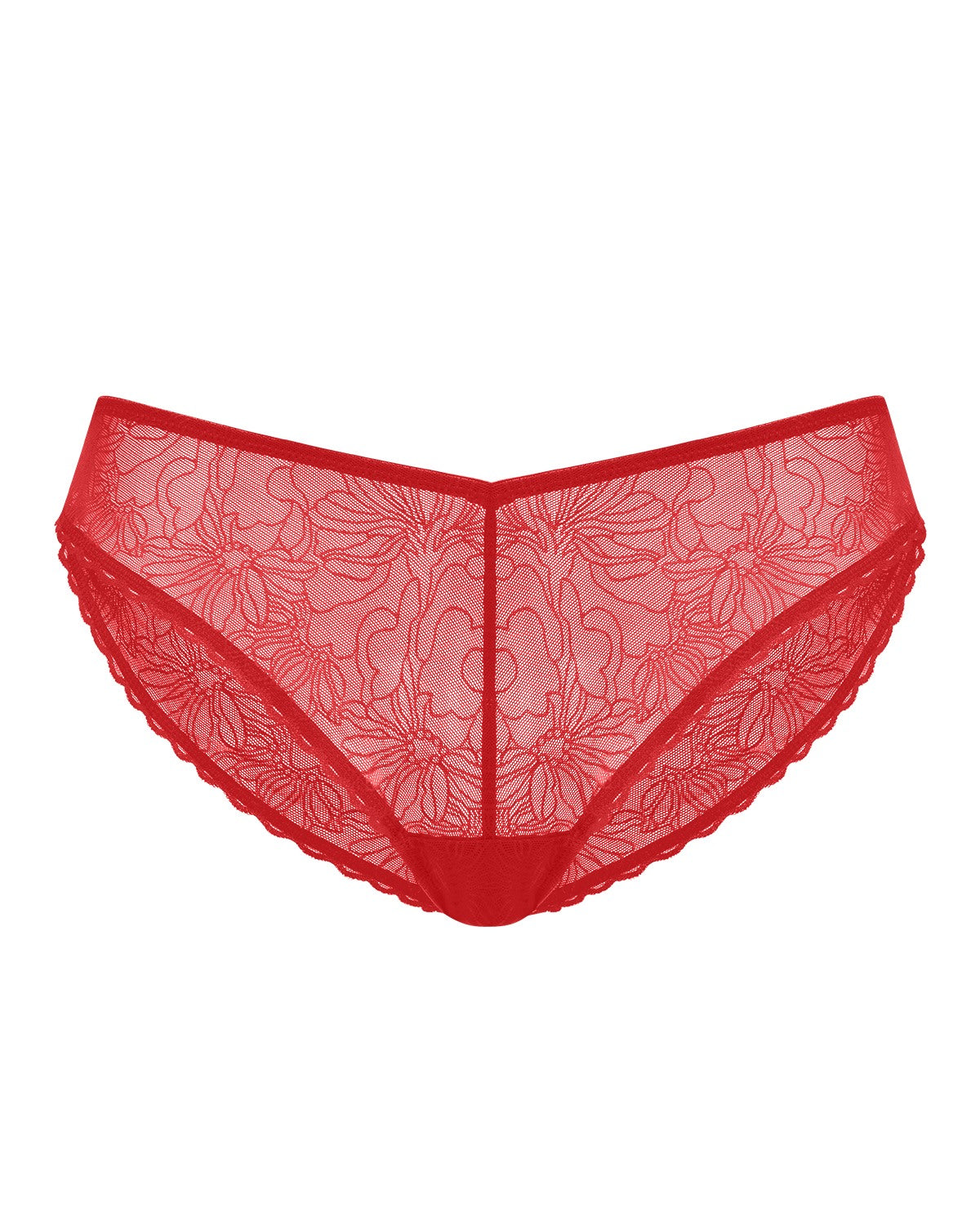 Flat lay of the Coral Red HSIA Stella sheer lace bikini panty on a white background, featuring exquisite floral details designed for a beautifully coordinated lingerie set.