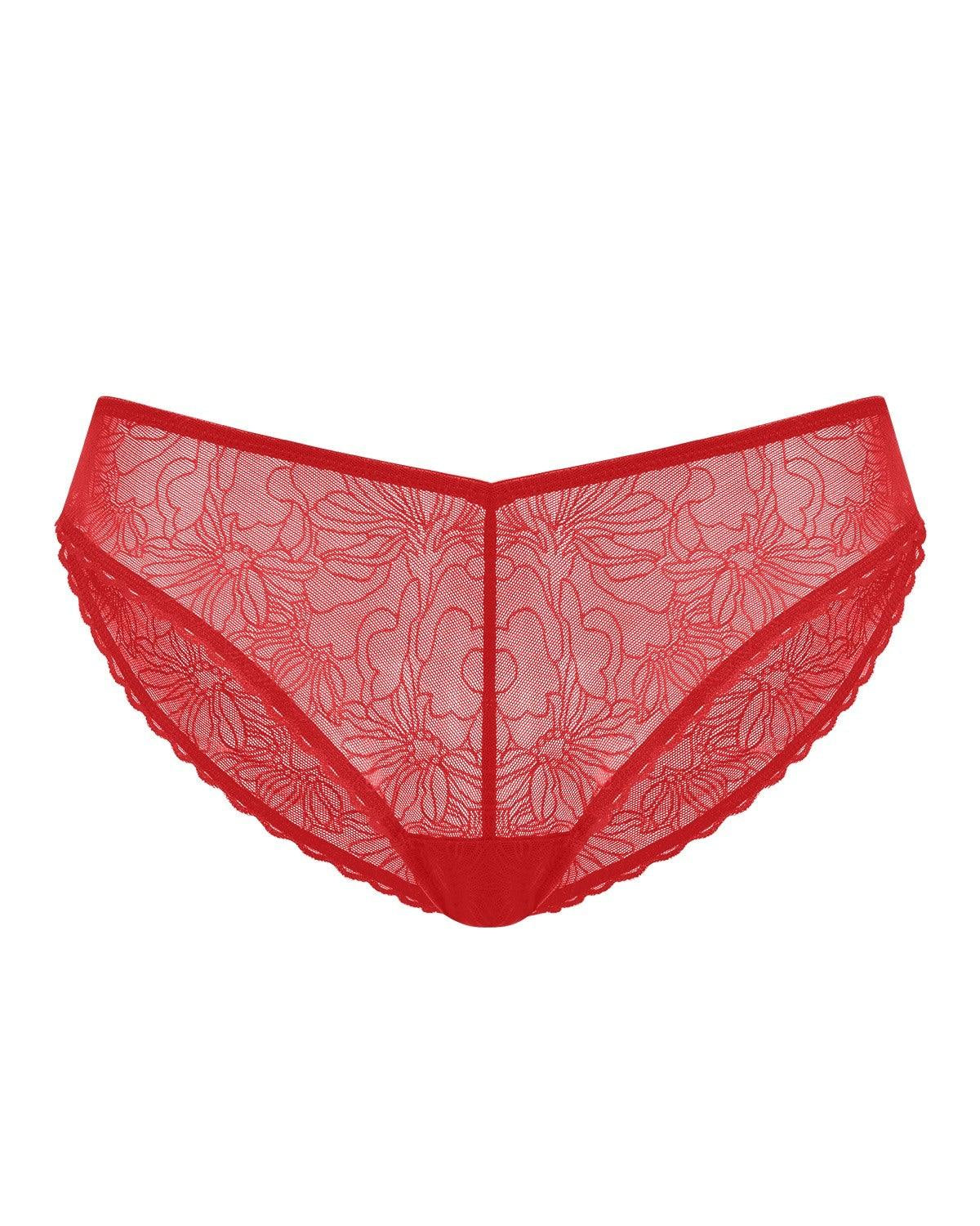Flat lay of the Coral Red HSIA Stella sheer lace bikini panty on a white background, featuring exquisite floral details designed for a beautifully coordinated lingerie set.