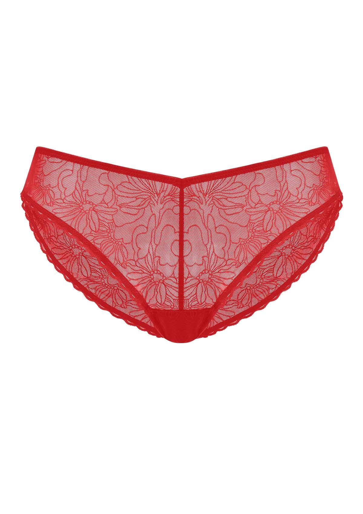 Flat lay of the Coral Red HSIA Stella sheer lace bikini panty on a white background, featuring exquisite floral details designed for a beautifully coordinated lingerie set.