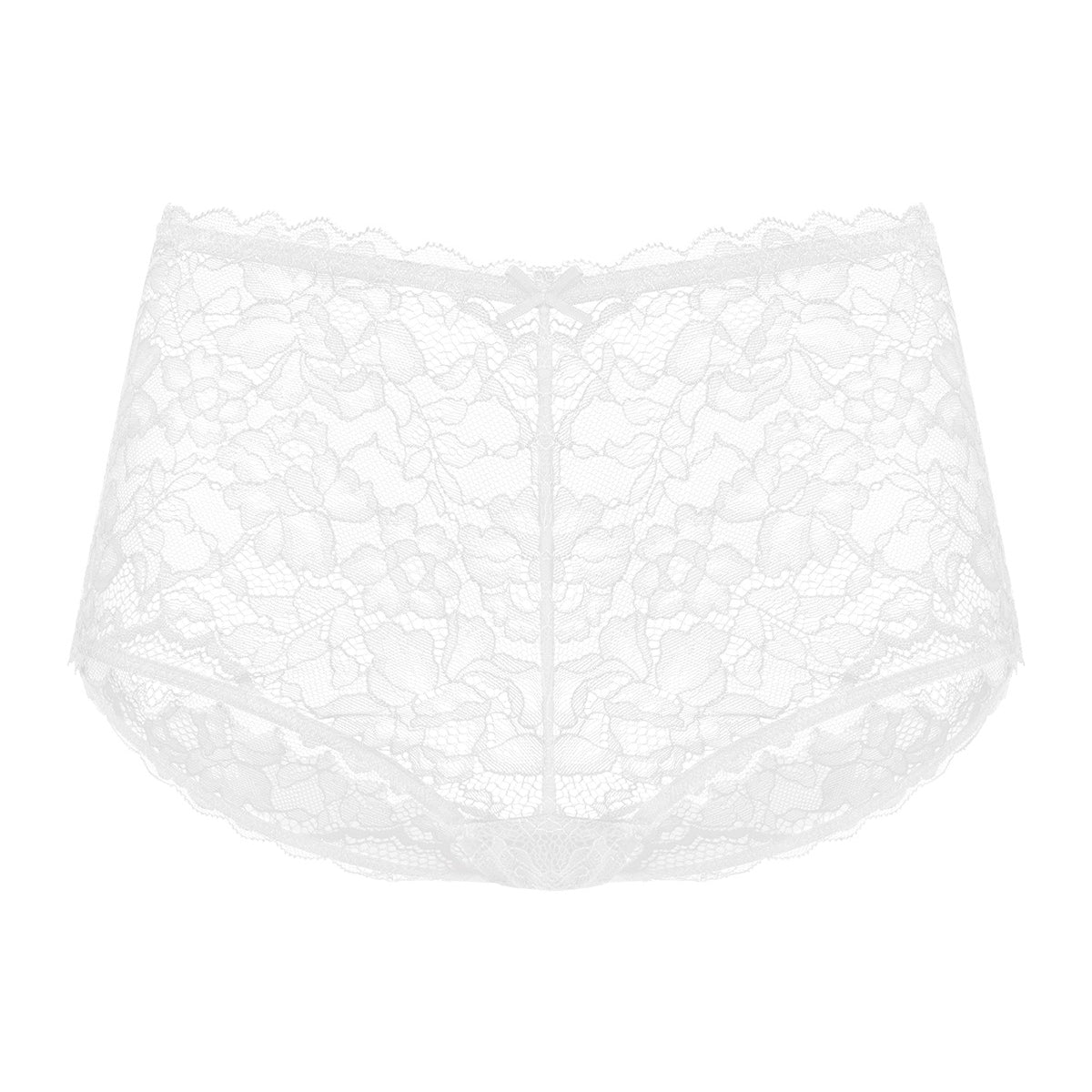 Detailed 3D view of the white women's lace boyshort panty, featuring a skin-friendly all-over lace design for secure everyday wear.