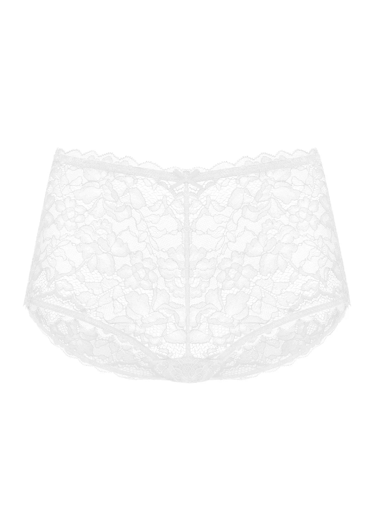 Detailed 3D view of the white women's lace boyshort panty, featuring a skin-friendly all-over lace design for secure everyday wear.