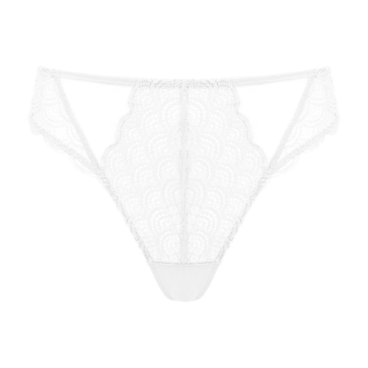 Detailed 3D view of the white women's lace thong panty, featuring a smooth seamless fit and a skin-friendly 100% cotton crotch.