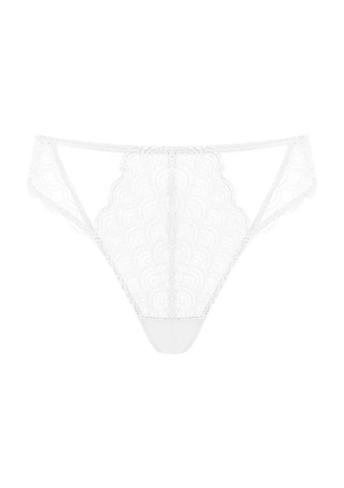 Detailed 3D view of the white women's lace thong panty, featuring a smooth seamless fit and a skin-friendly 100% cotton crotch.