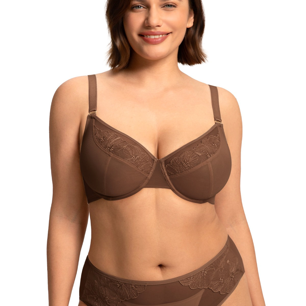 Front view of model in the Coffee Brown HSIA Yumi unlined bra, featuring a flattering V-neckline and soft, luxurious floral embroidery.