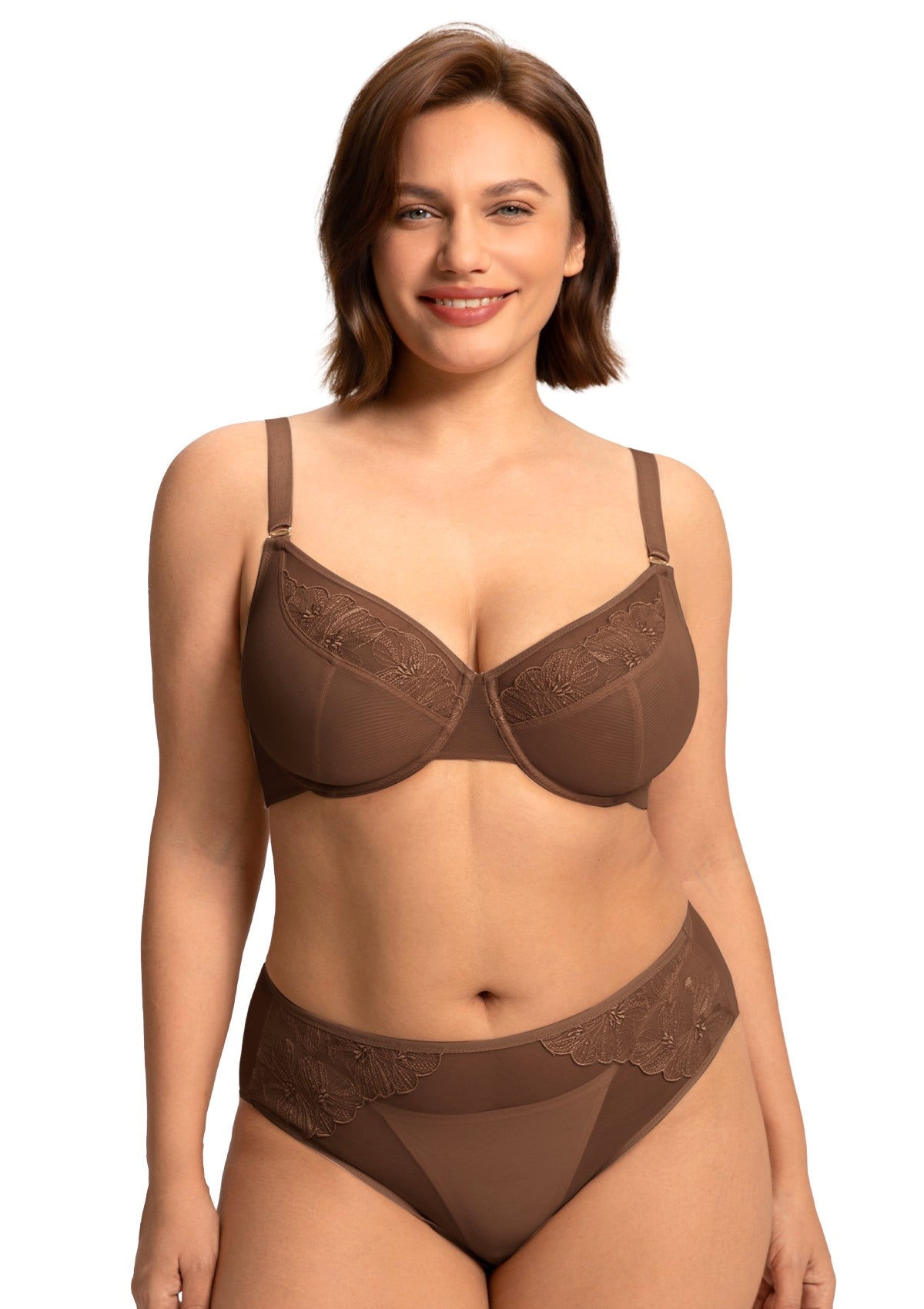 Front view of model in the Coffee Brown HSIA Yumi unlined bra, featuring a flattering V-neckline and soft, luxurious floral embroidery.