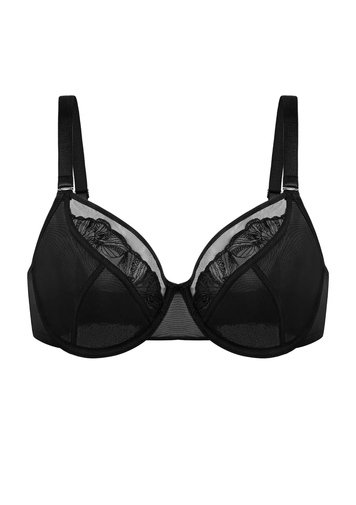 Front studio shot on a white background of the black Yumi embroidered bra, highlighting the sexy plunge V-neckline and shimmering floral details.