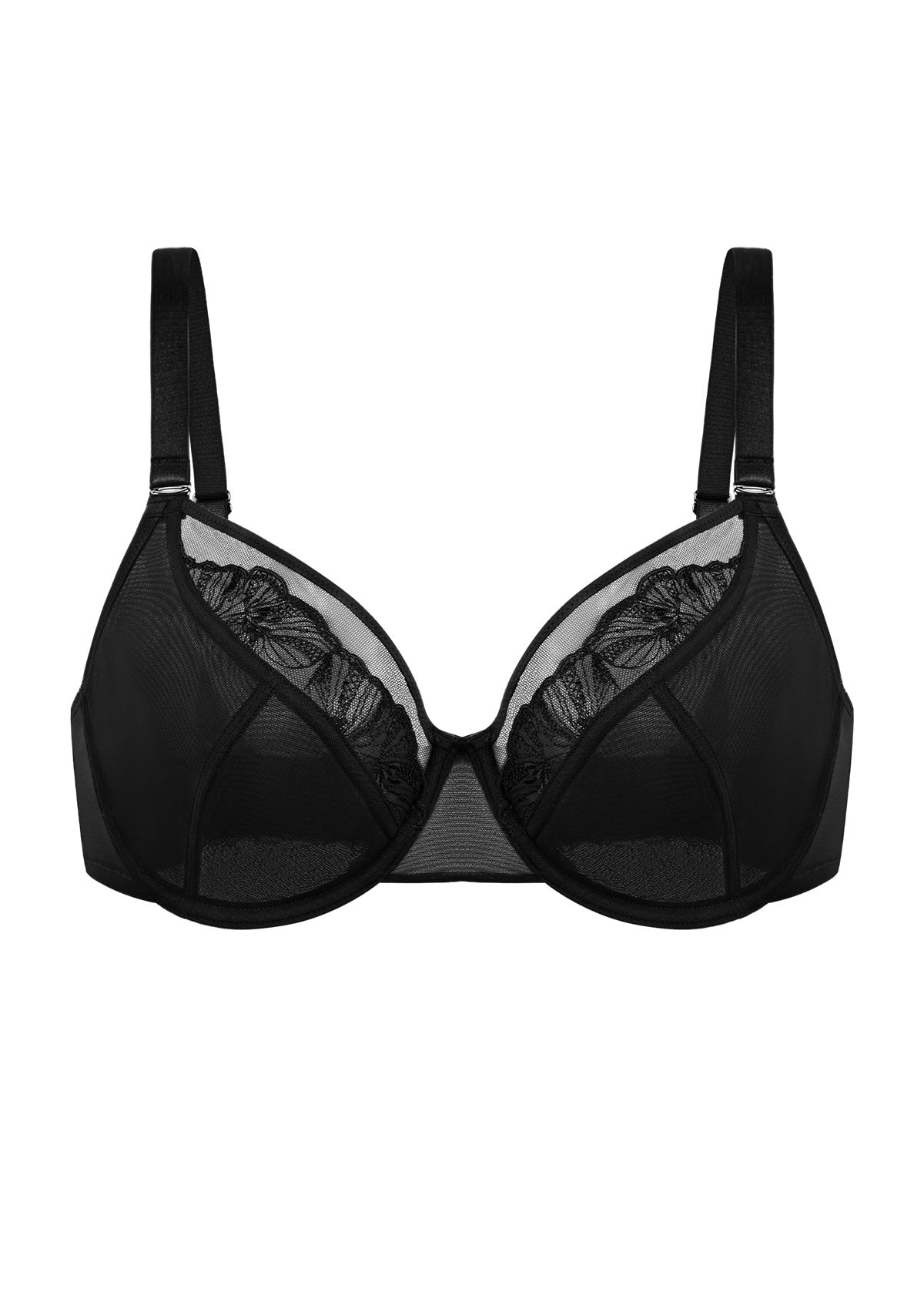 Front studio shot on a white background of the black Yumi embroidered bra, highlighting the sexy plunge V-neckline and shimmering floral details.