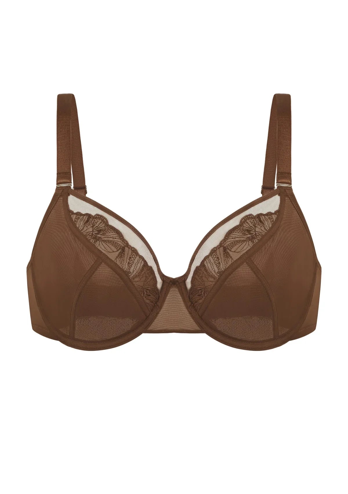Front product view of the Coffee Brown Yumi unlined bra on a white background, highlighting the luxurious sheer mesh and heavy-duty unlined structure.