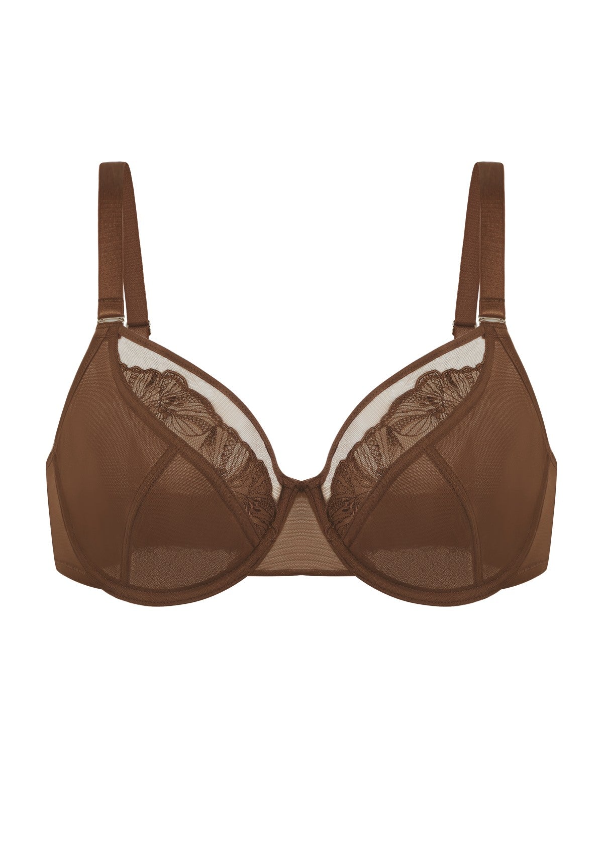 Front product view of the Coffee Brown Yumi unlined bra on a white background, highlighting the luxurious sheer mesh and heavy-duty unlined structure.