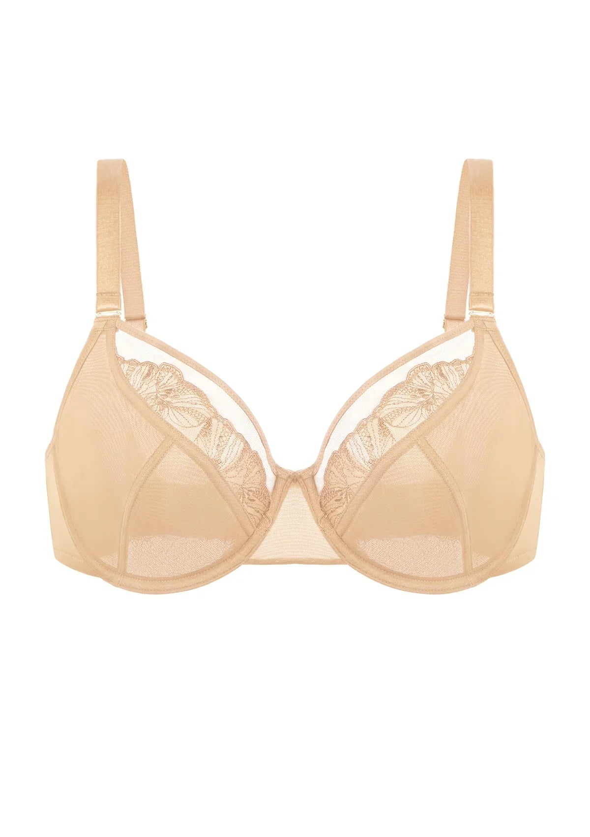 Studio front image of the Light Beige Yumi sheer mesh bra on a white background, focusing on the delicate embroidery and elegant unlined design.