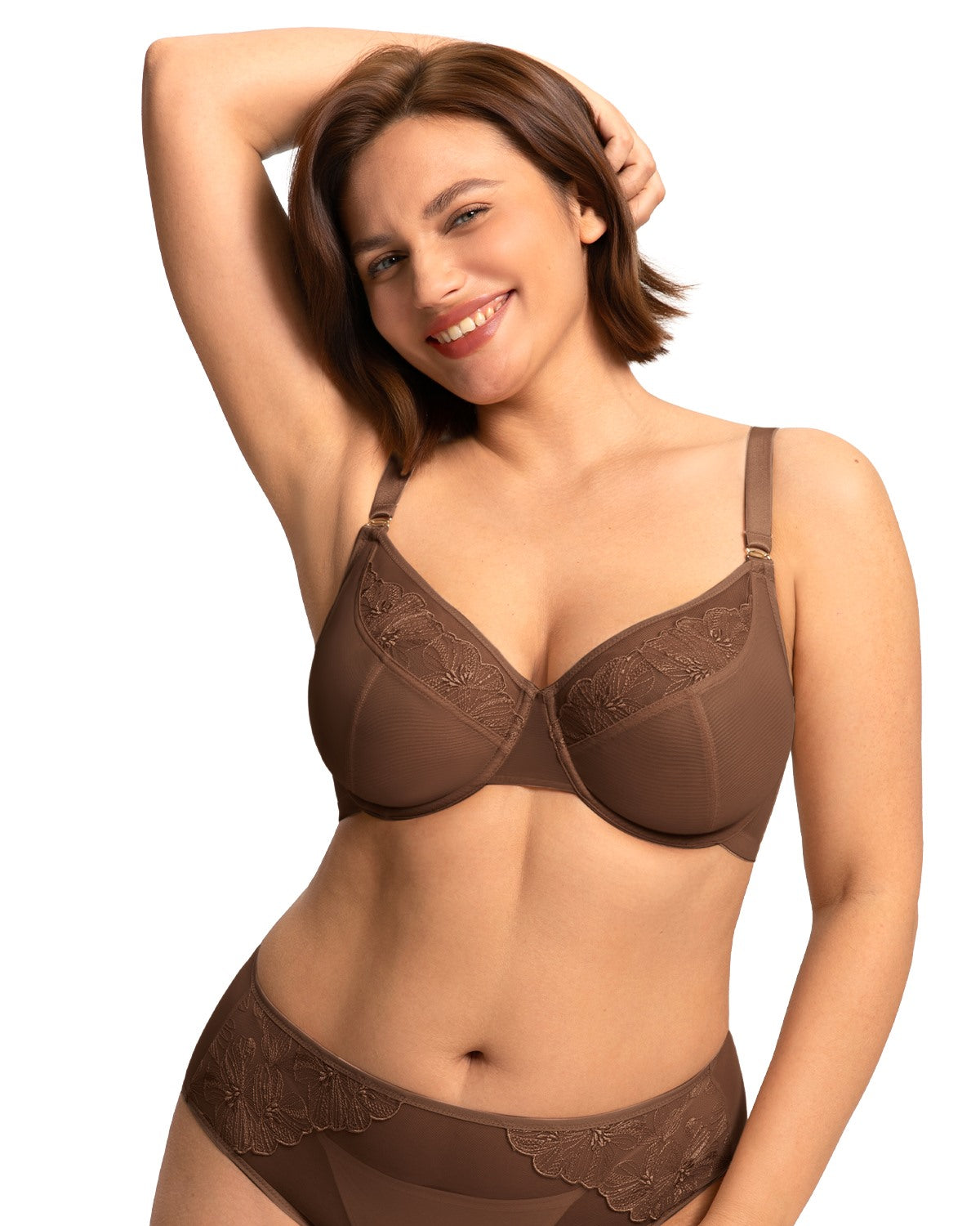 Model lifting arms wearing the Coffee Brown Yumi unlined bra, demonstrating flawless underwire support that won't dig in or shift with movement.