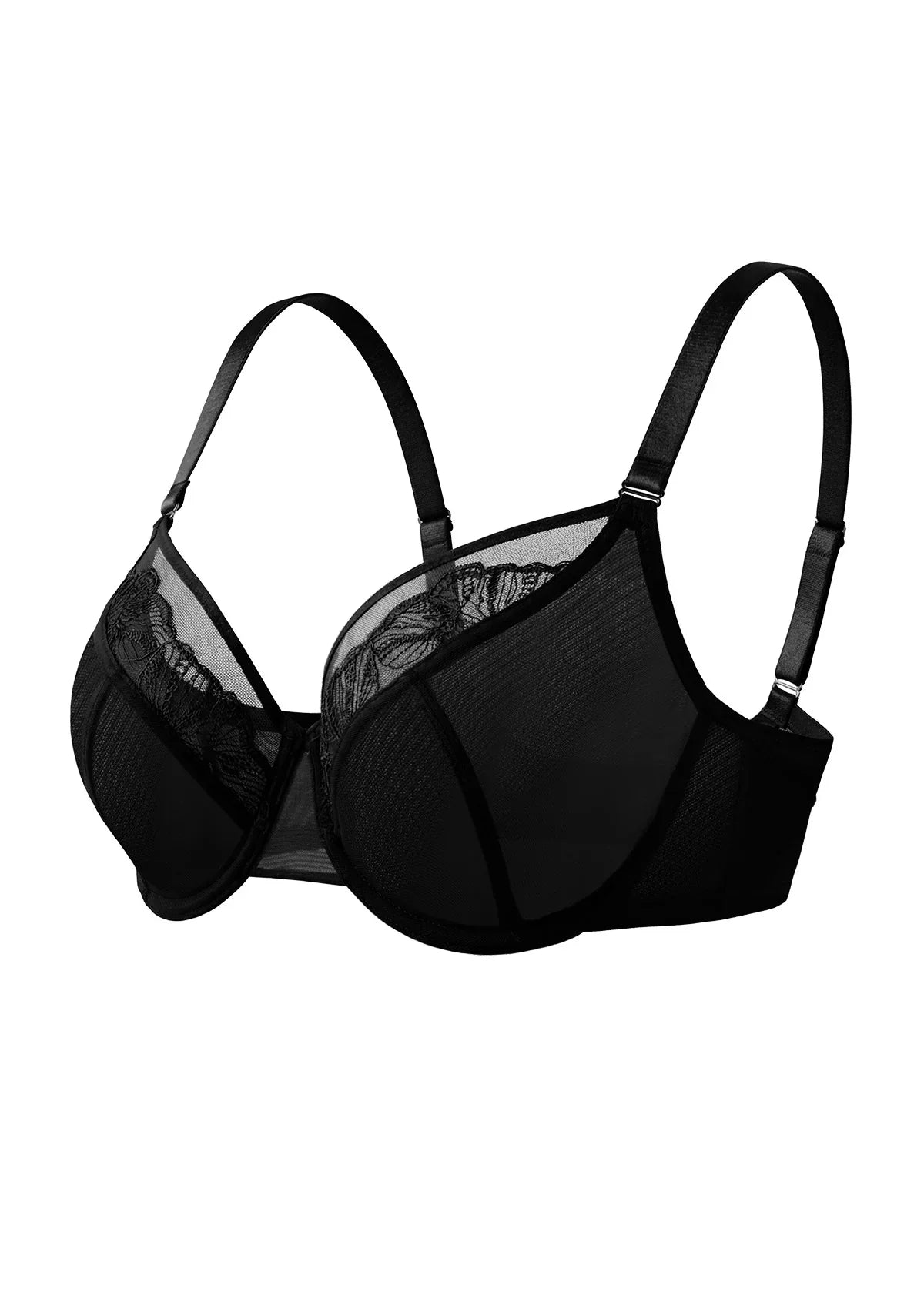 Side studio view of the black Yumi unlined bra, emphasizing the multi-layer inner support that naturally lifts and centers heavy breasts.