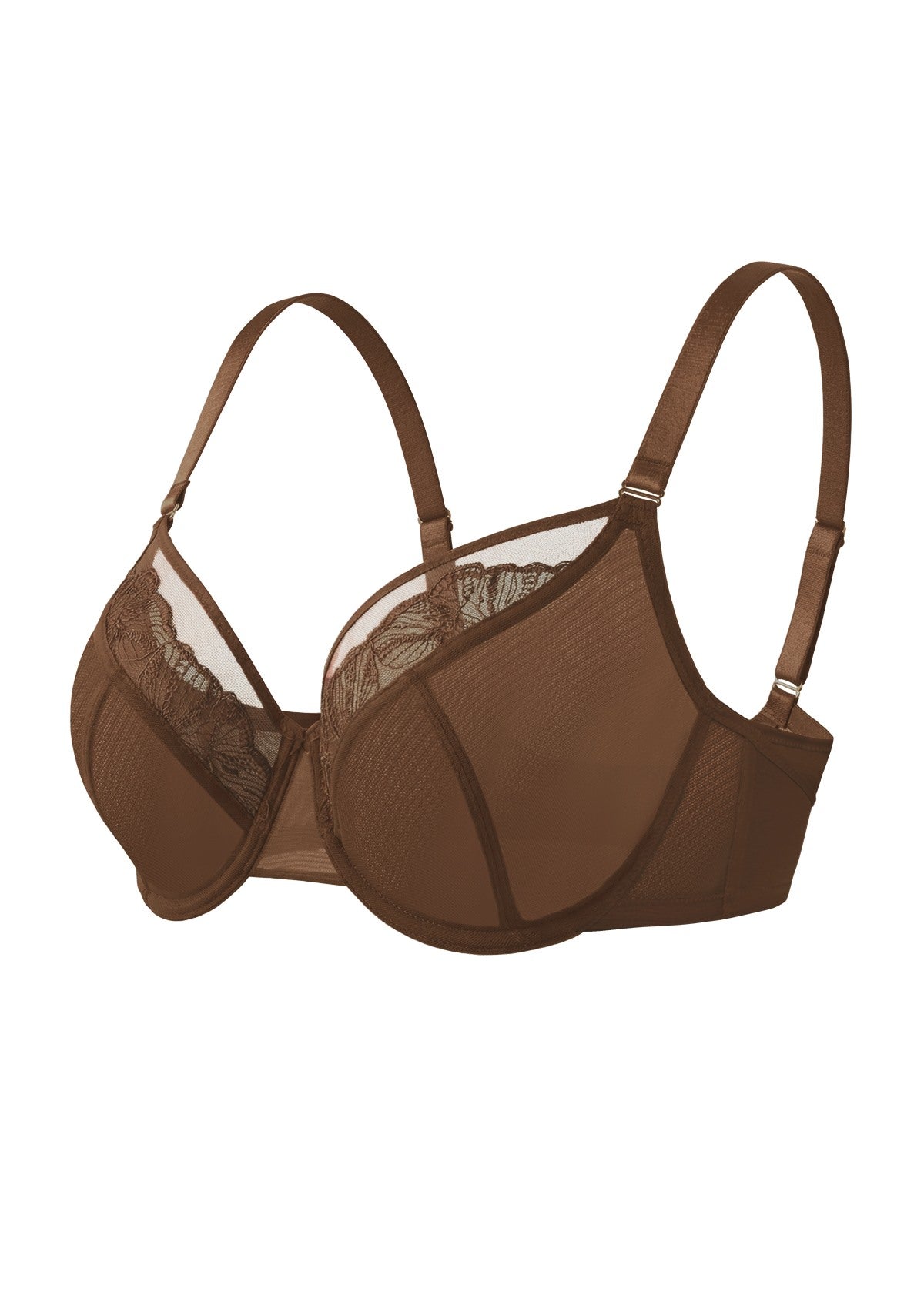 Studio side view of the Coffee Brown Yumi embroidered bra, featuring the naturally sculpted cup design and subtle lift for plus size figures.