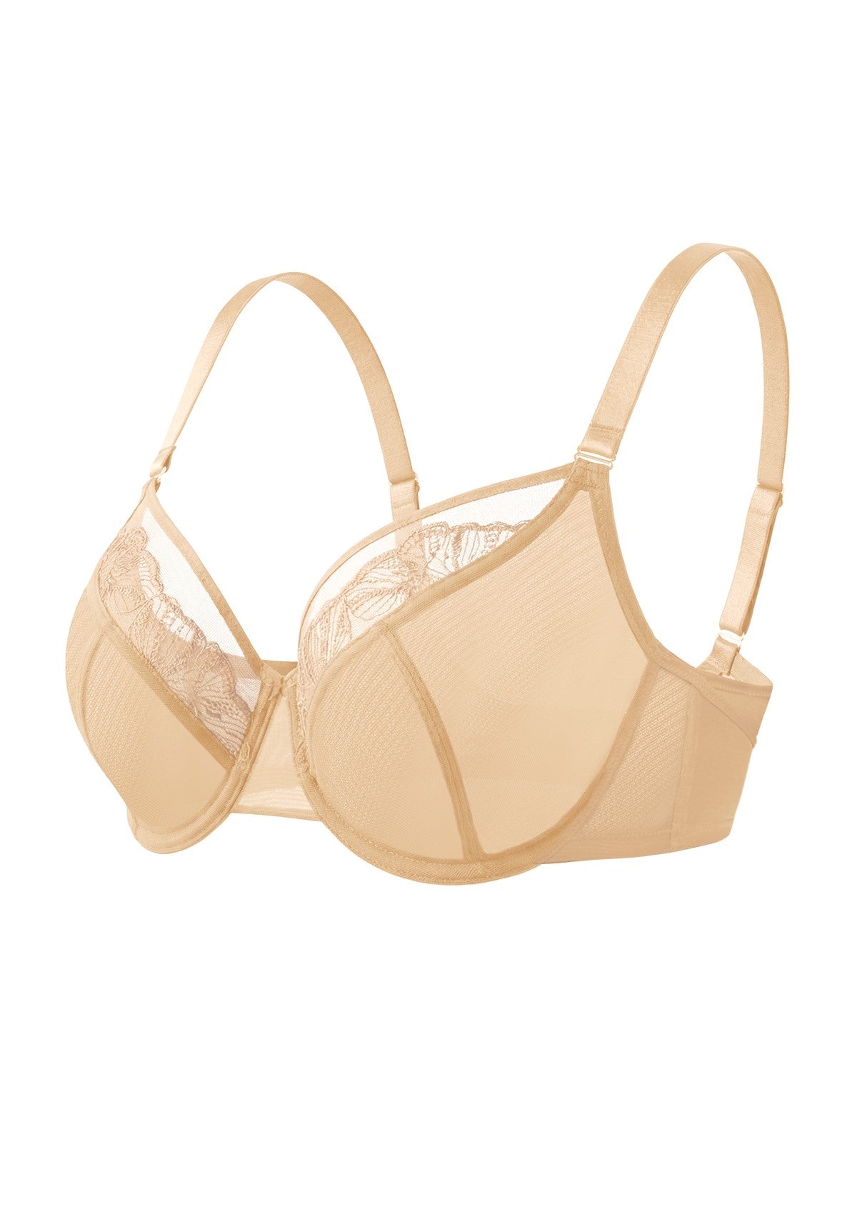 Side product shot of the Light Beige Yumi unlined bra, showing the small center gore and deep cup capacity perfectly suited for versatile styling.