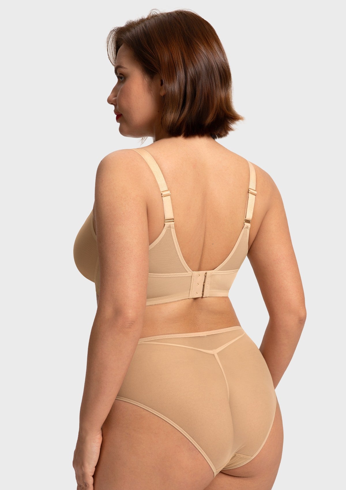 Back profile of the Light Beige Yumi unlined bra, detailing the size-graded straps intentionally designed to alleviate shoulder strain for C-I cups.