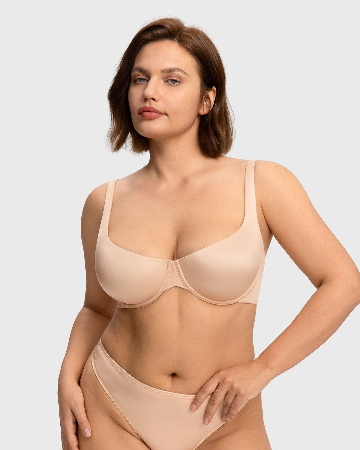 Front view of the light beige cloud satin T-shirt bra, showcasing a seamless silhouette and natural balconette lift without bulky padding.