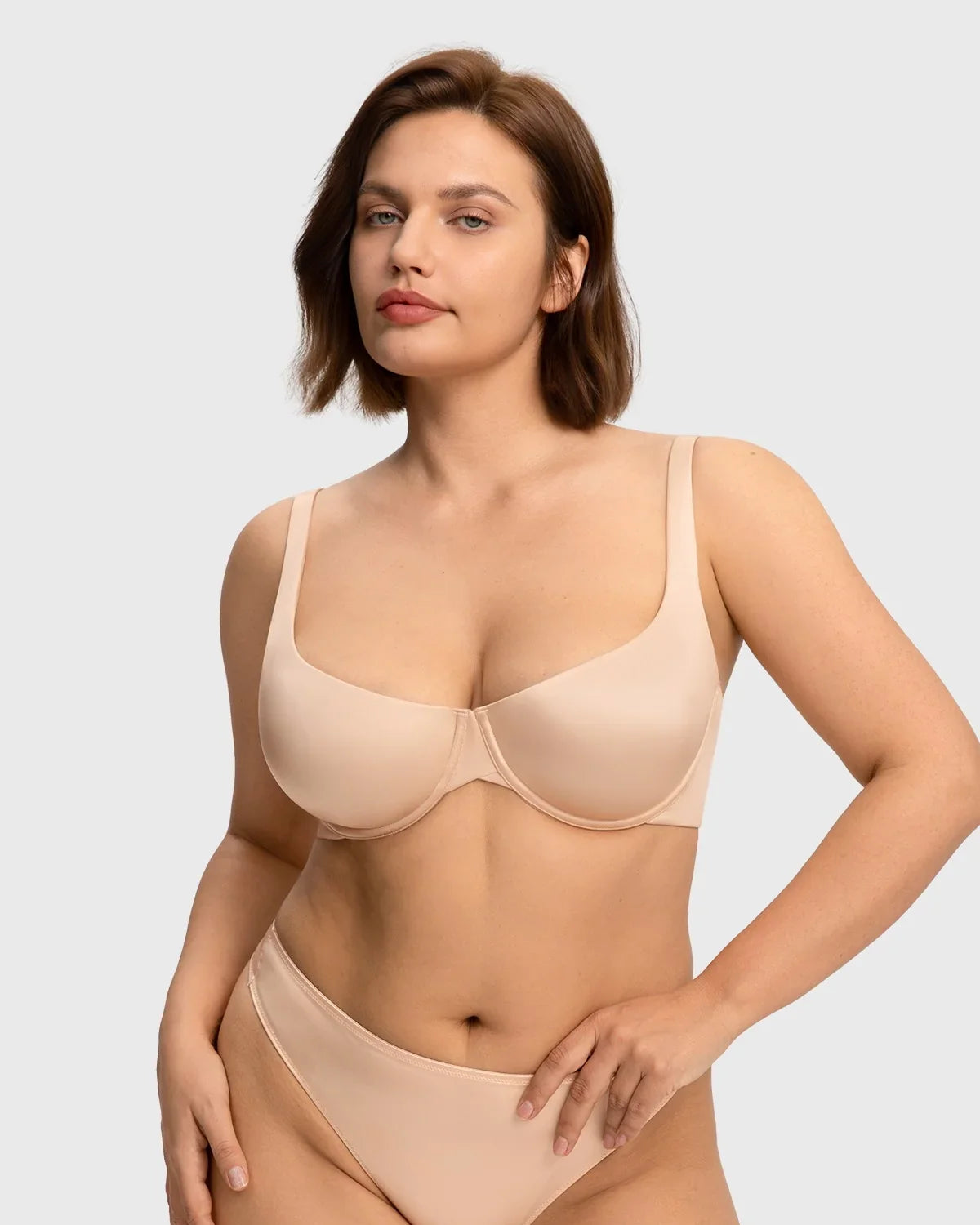 Front view of the light beige cloud satin T-shirt bra, showcasing a seamless silhouette and natural balconette lift without bulky padding.