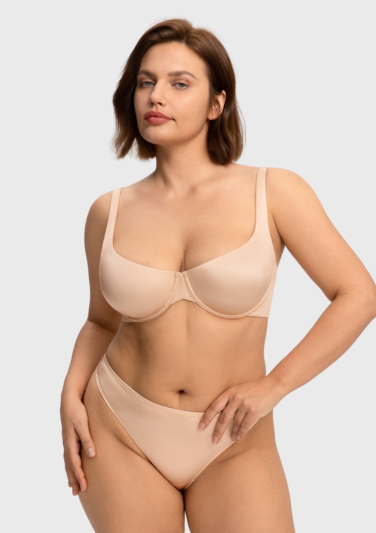 Front view of the light beige cloud satin T-shirt bra, showcasing a seamless silhouette and natural balconette lift without bulky padding.