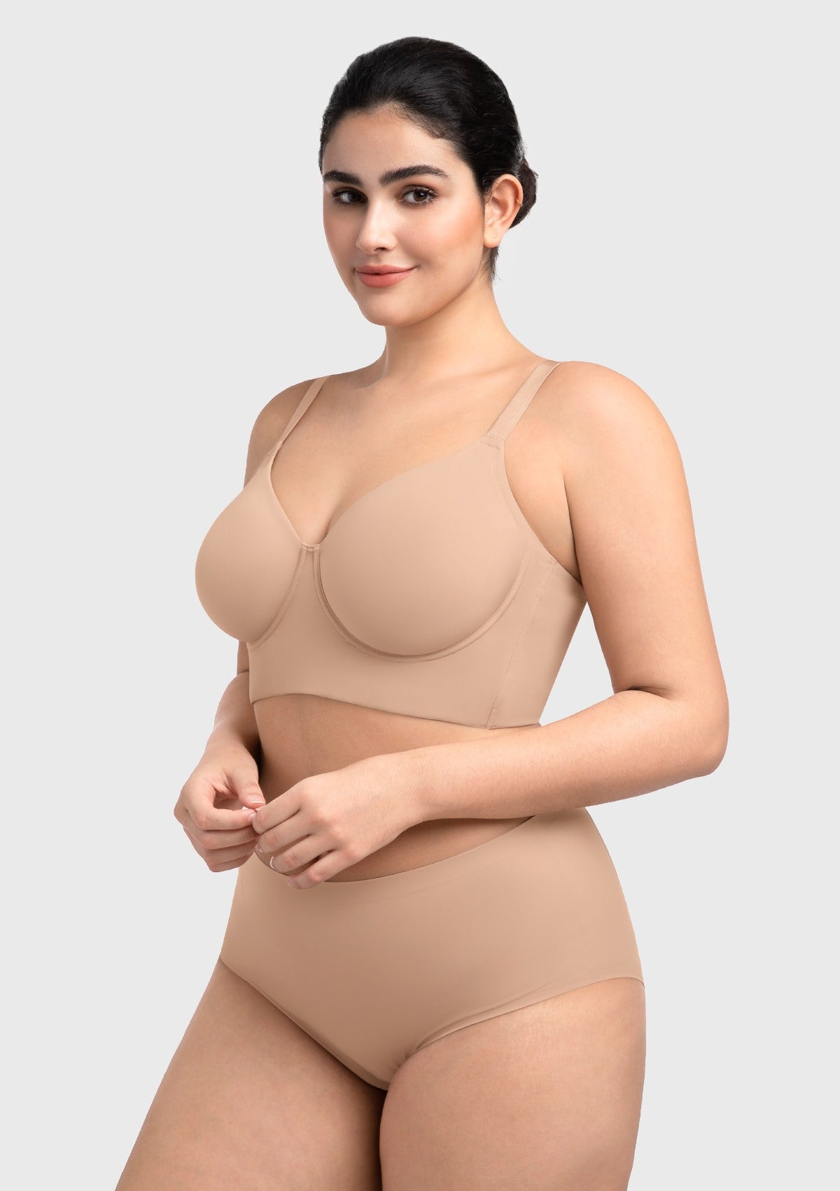 Side profile demonstrating the natural, minimized shape created by the cloud-soft nude seamless bra