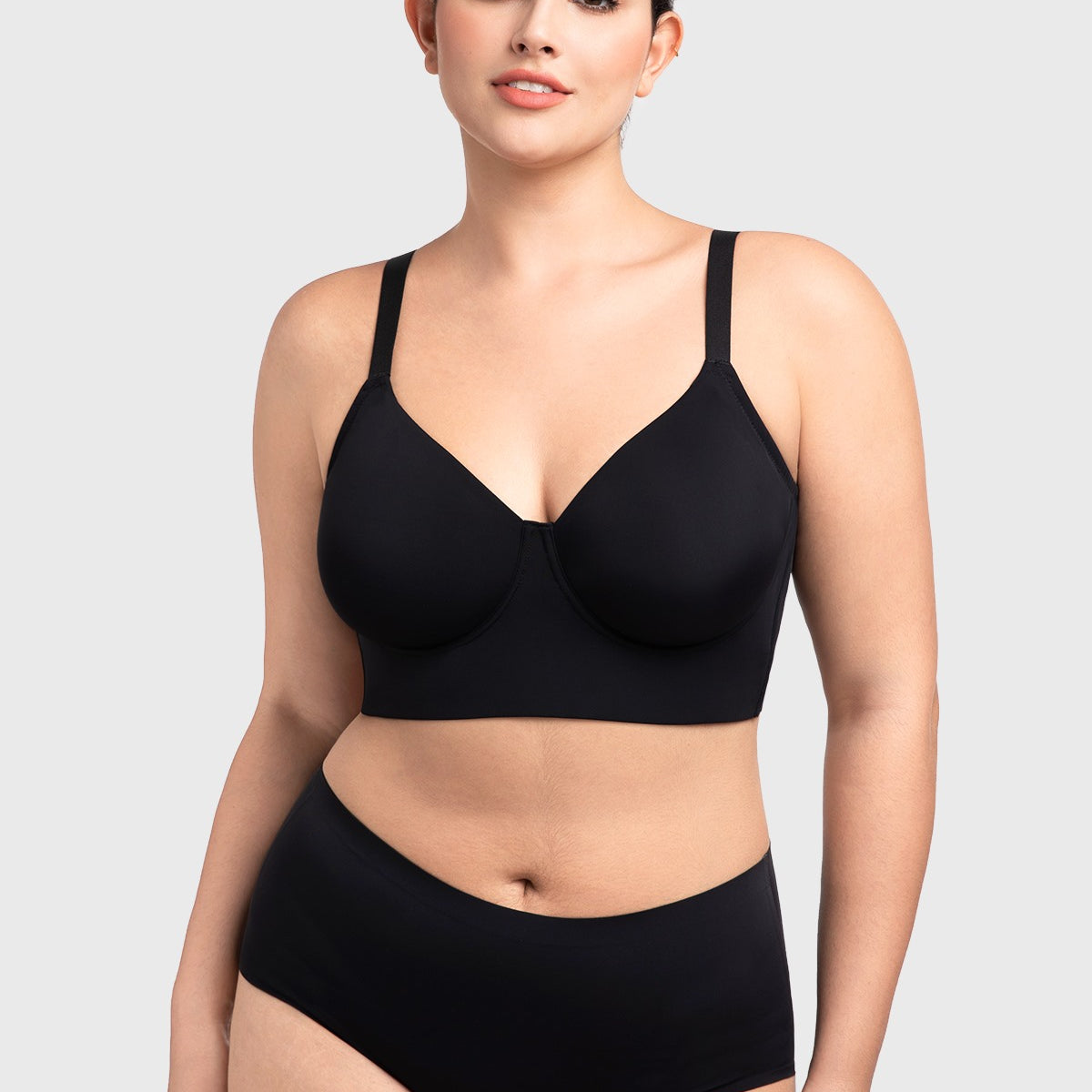 Close front view highlighting the smooth, second-skin fit of the incredibly comfortable black underwire bra