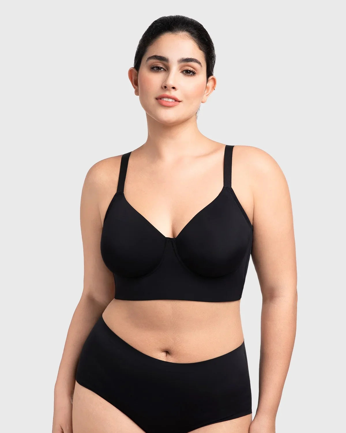 Close front view highlighting the smooth, second-skin fit of the incredibly comfortable black underwire bra