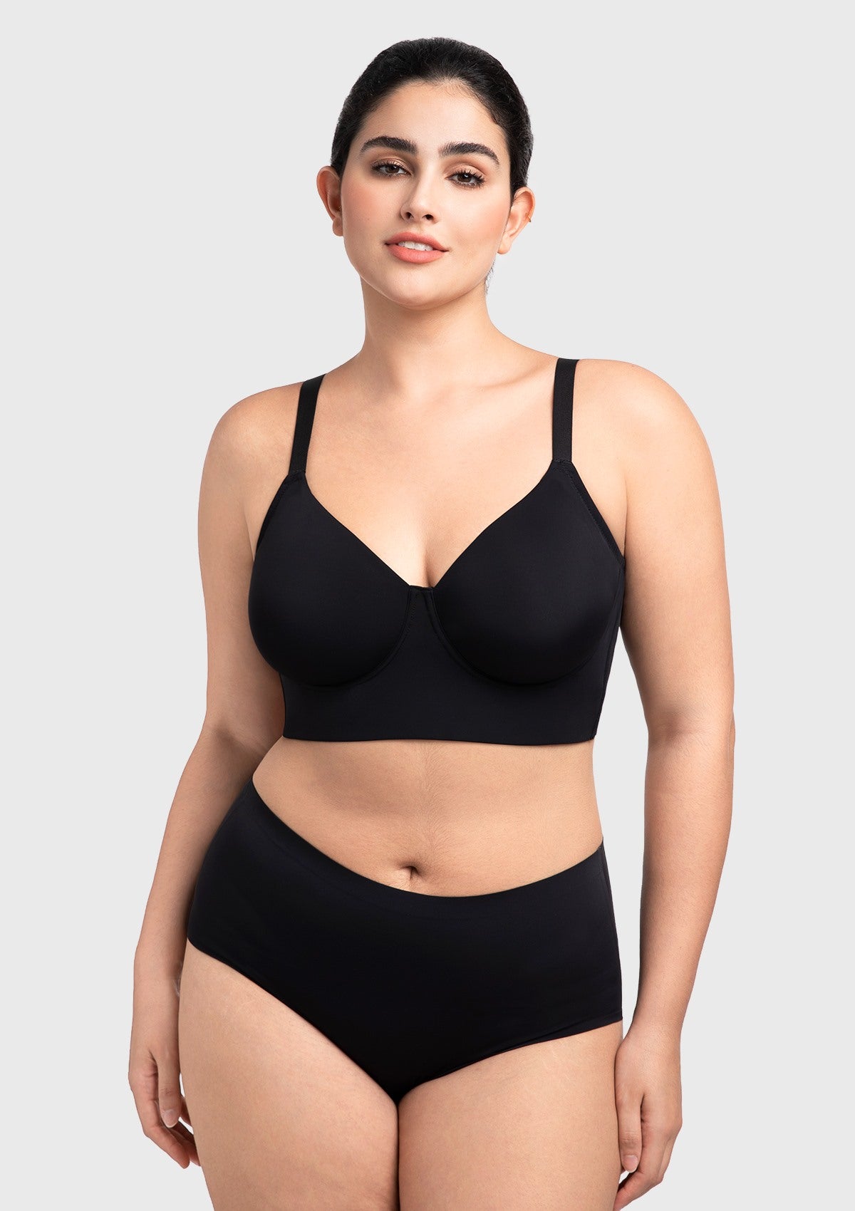 Close front view highlighting the smooth, second-skin fit of the incredibly comfortable black underwire bra